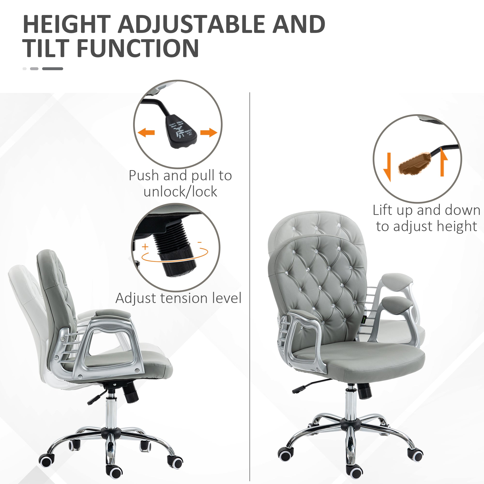 Vinsetto Office Chair Ergonomic 360° Swivel PU Diamante Padded Base 5 Castor Wheels for Home Work Grey - North Peak Garden Furniture
