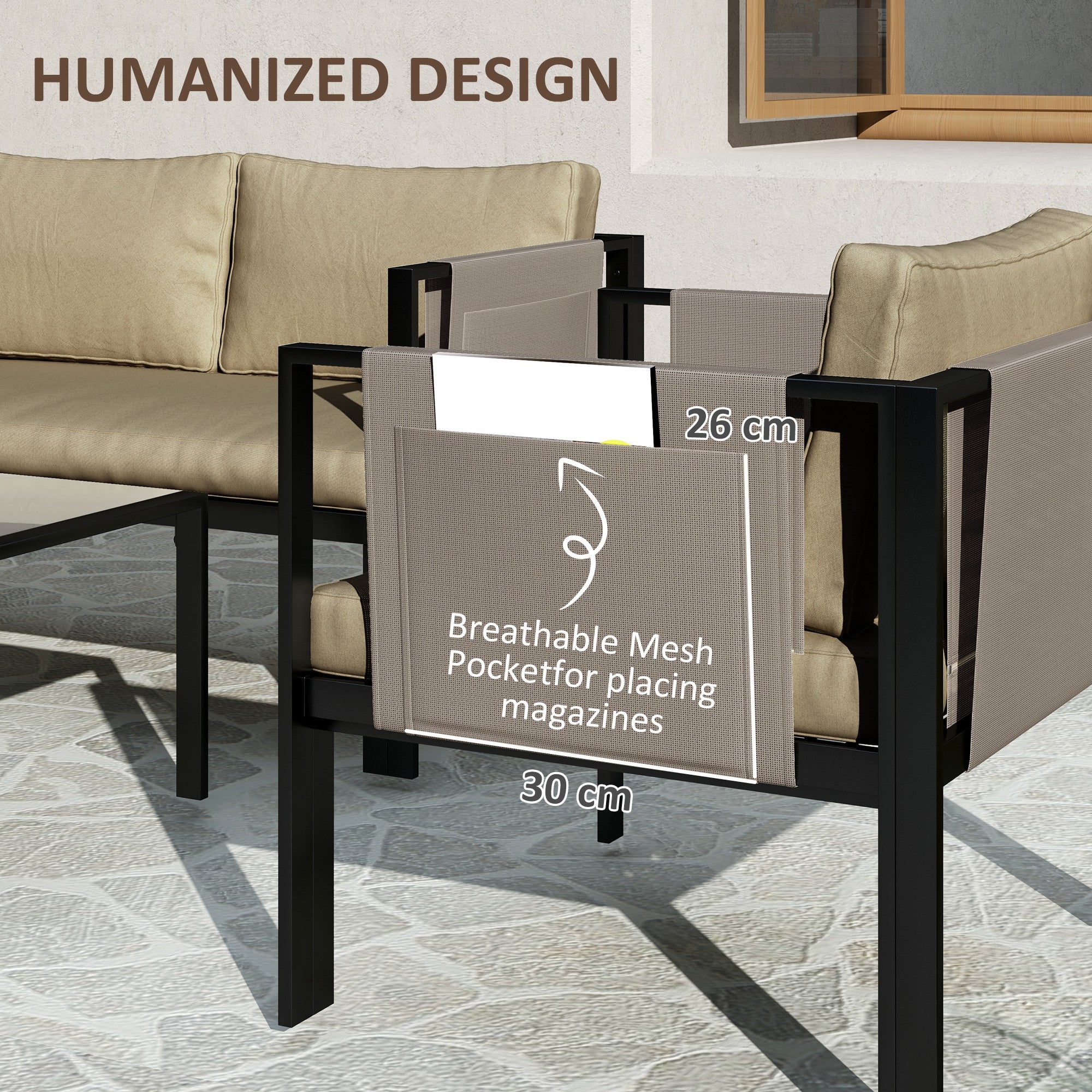 Outsunny 4 Piece Metal Garden Furniture Set with Tempered Glass Coffee Table, Texteline Pocket, Outdoor Set Loveseat Single Armchairs with Padded Cushions, Khaki - North Peak Garden Furniture