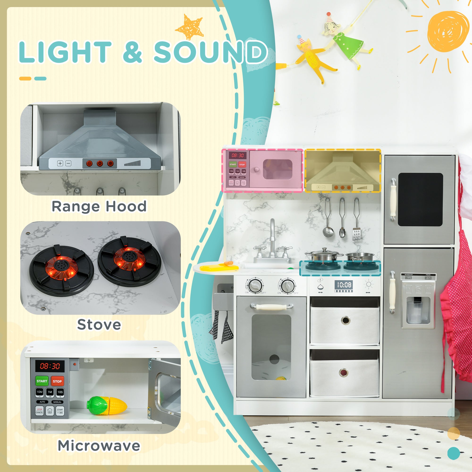 AIYAPLAY Toy Kitchen with Lights, Sounds, Apron and Chef Hat, Ice Maker, Microwave, for Ages 3-6 Years - White - North Peak Garden Furniture