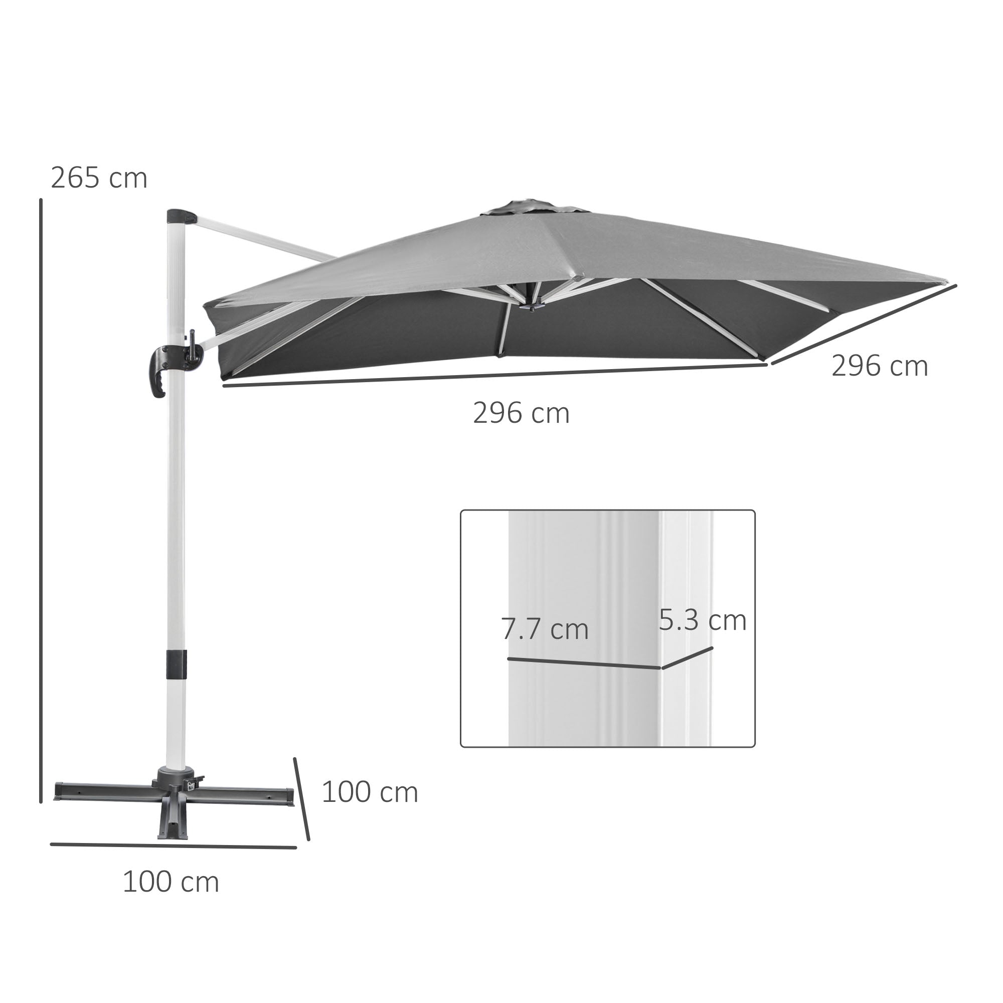Outsunny 3 x 3(m) Cantilever Roma Parasol, Square Garden Umbrella with Cross Base, Crank Handle, Tilt, 360° Rotation and Aluminium Frame, Grey - North Peak Garden Furniture
