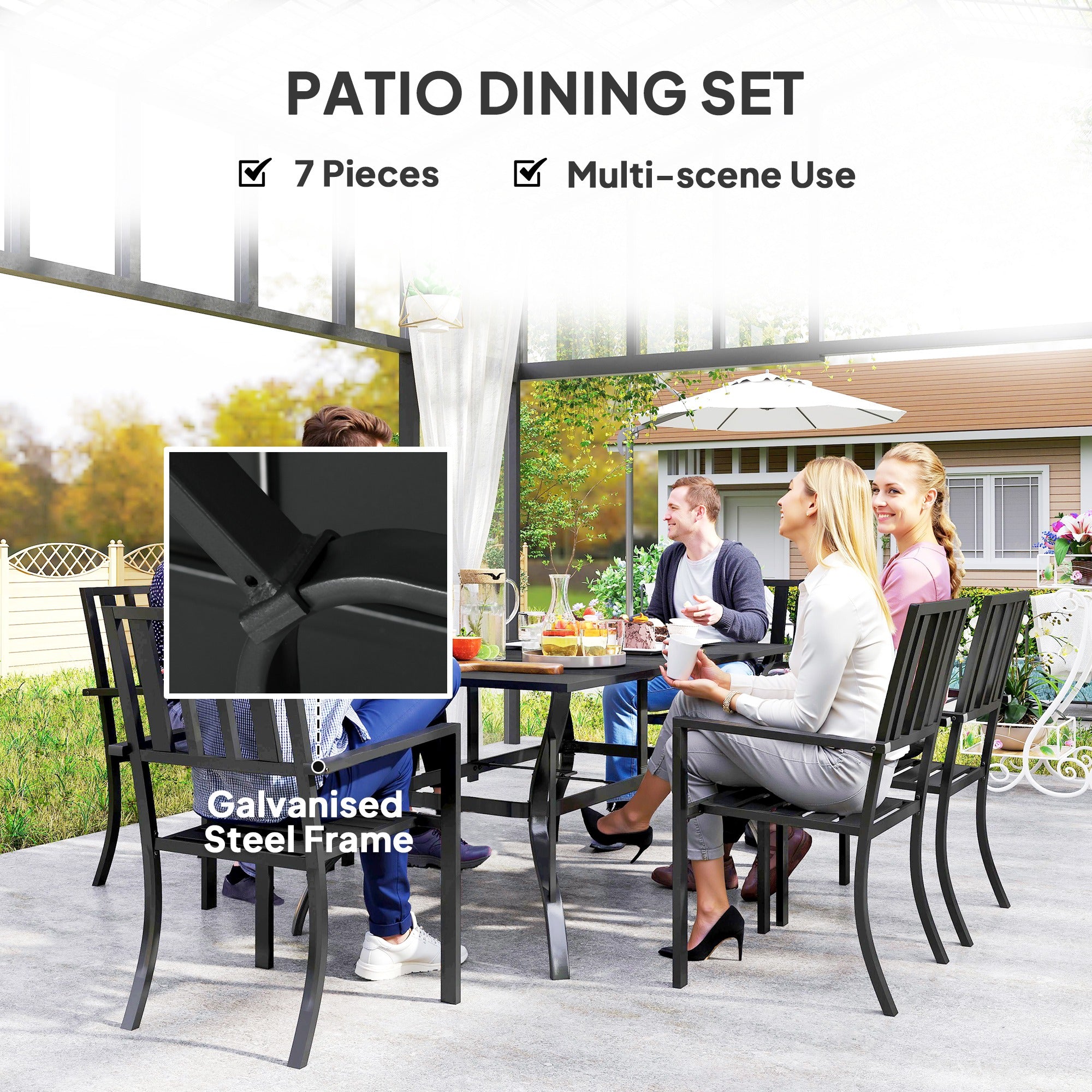 Outsunny 7 Pieces Garden Table and Chairs 6 Seater Outdoor Table and Chairs with Umbrella Hole, for Poolside, Garden, Black - North Peak Garden Furniture