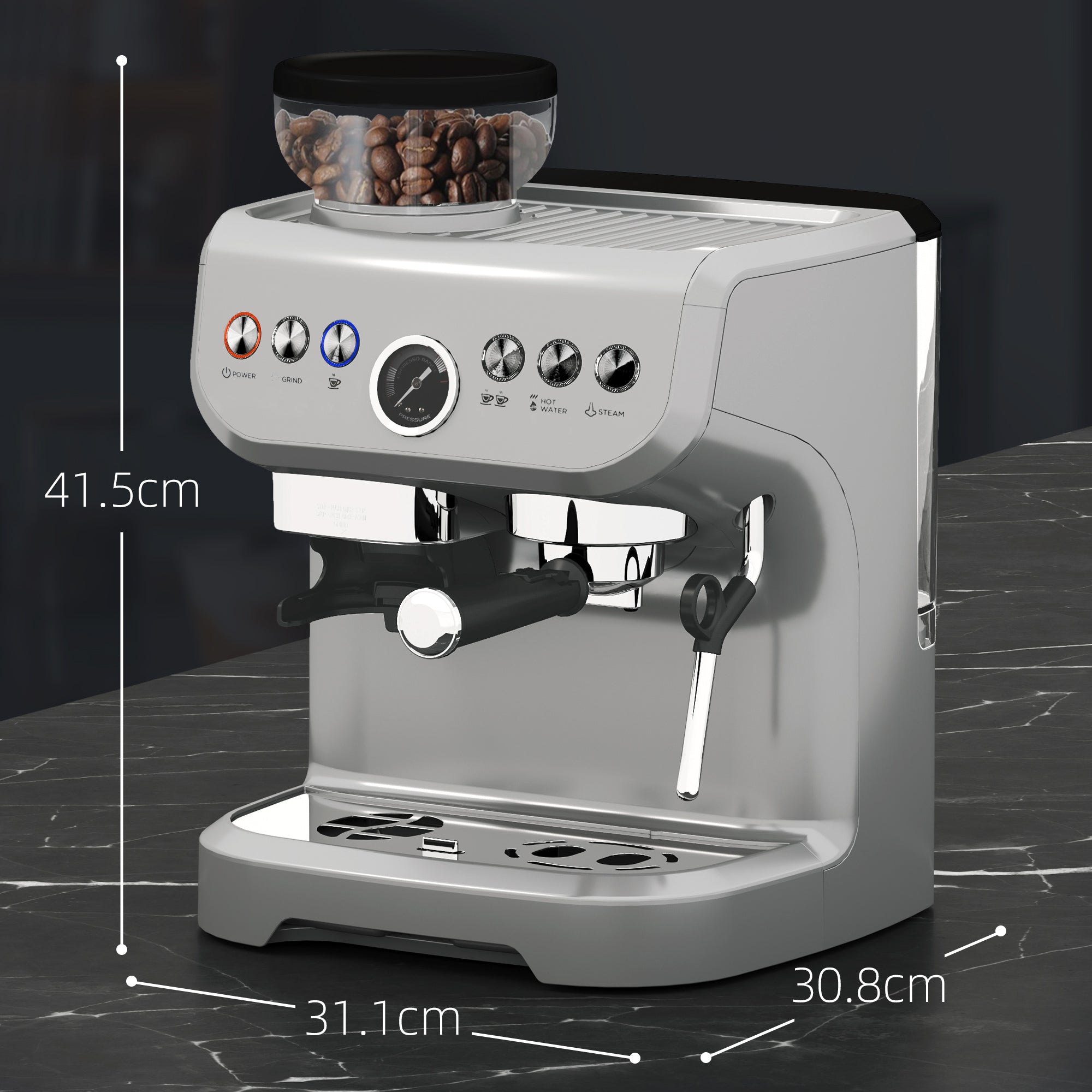 HOMCOM 15 Bar Coffee Machine, with Adjustable Grind, Steamer and Accessories - Silver Colour