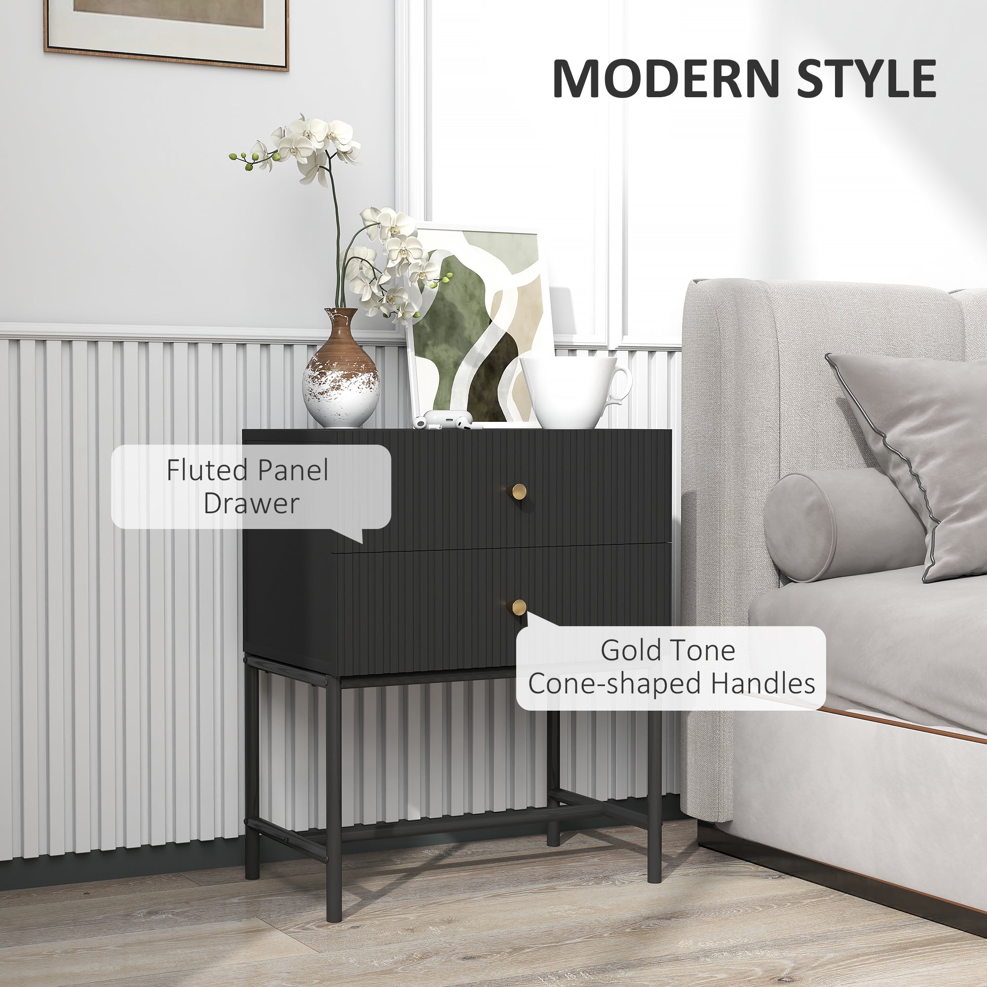 HOMCOM Elegant Two-Drawer Bedside Table - Black - North Peak Garden Furniture