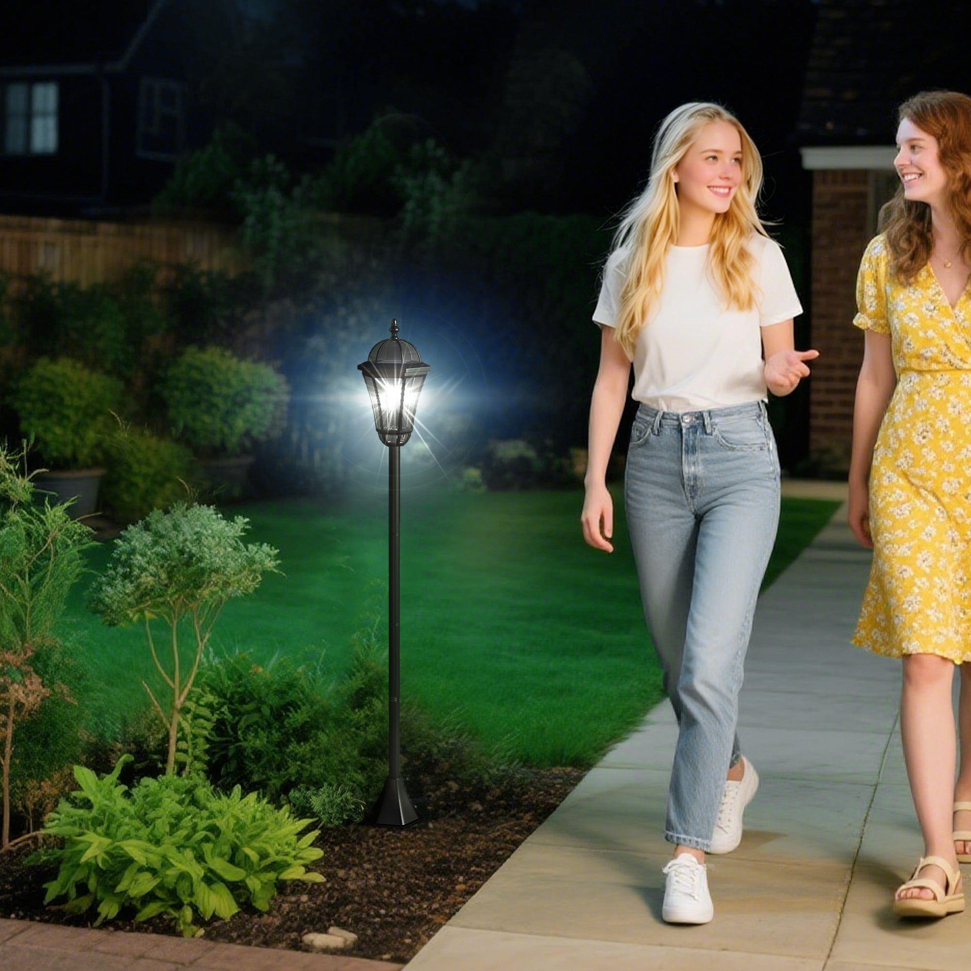 Outsunny 2 PCS LED Garden Lights Lamp Post Solar Powered Lantern Patio Pathway Walkway Outdoor Water-Resist Auto Switch 6 Hours Black