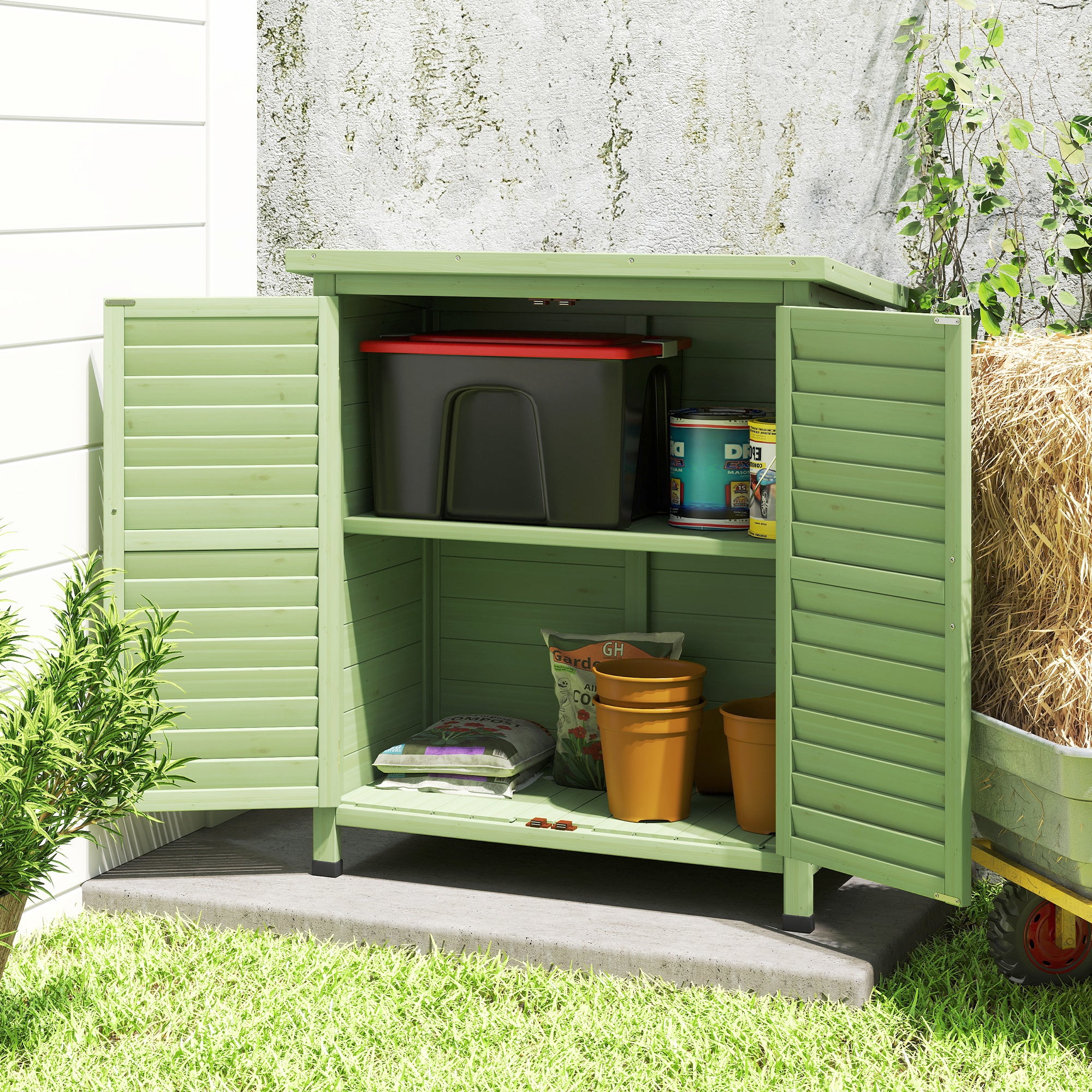 Outsunny Garden Shed Wooden Garden Storage Shed 2 Door Unit Solid Fir Wood Garage Tool Organisation Cabinet, 87L x 46.5W x 96.5Hcm, Green