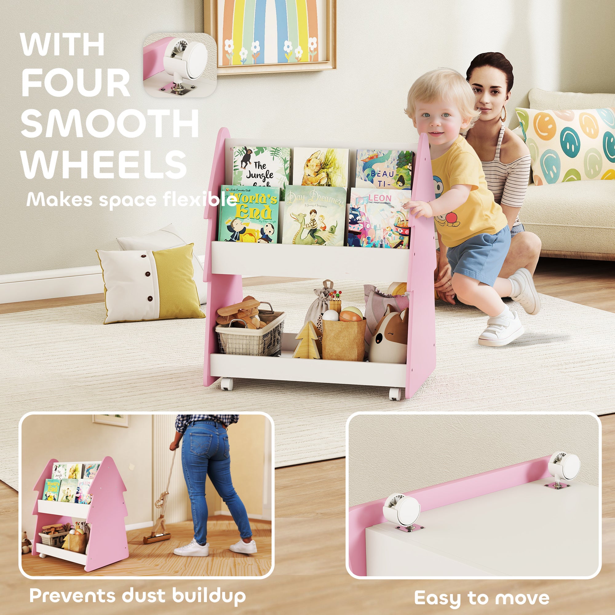 AIYAPLAY Kids Bookshelf with Toy Storage, Double-Sided Bookcase with Wheels, 3 Tier Kids Book Rack for Bedroom, Pink