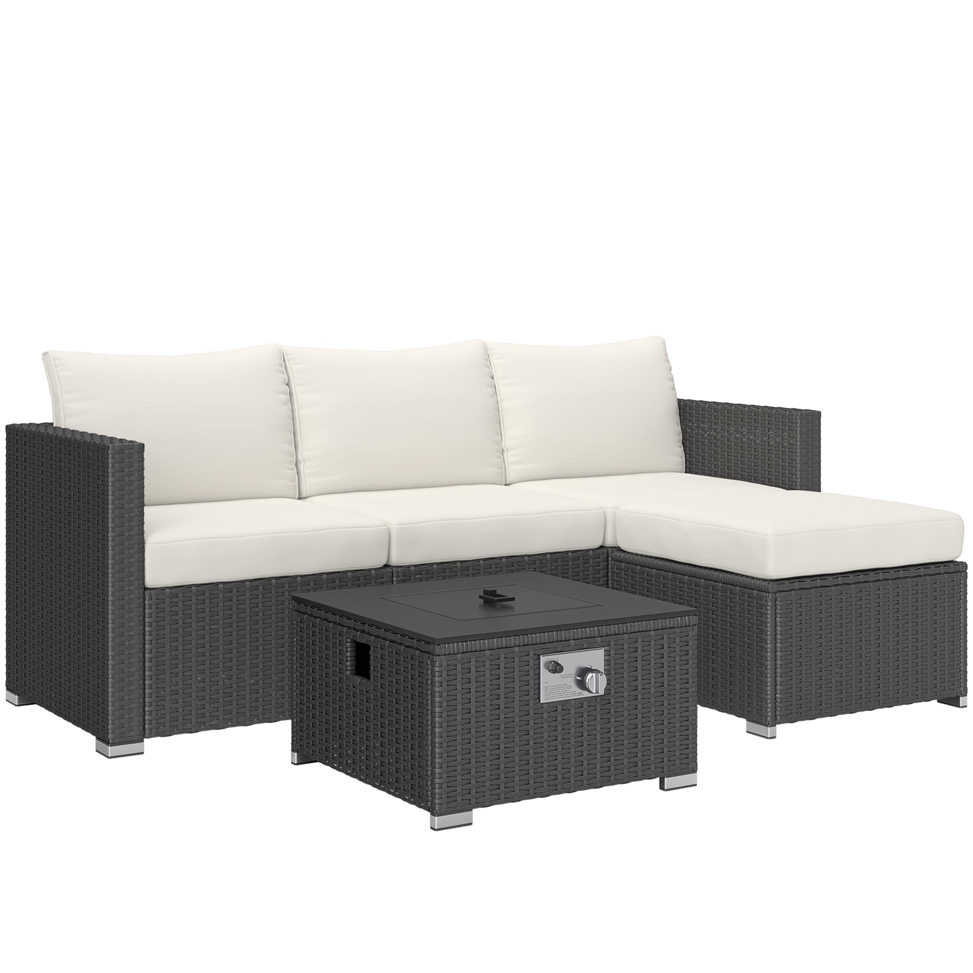 Outsunny Five Piece Rattan Garden Furniture Set with Gas Fire Pit Table and Footstool - Black and Cream White - North Peak Garden Furniture