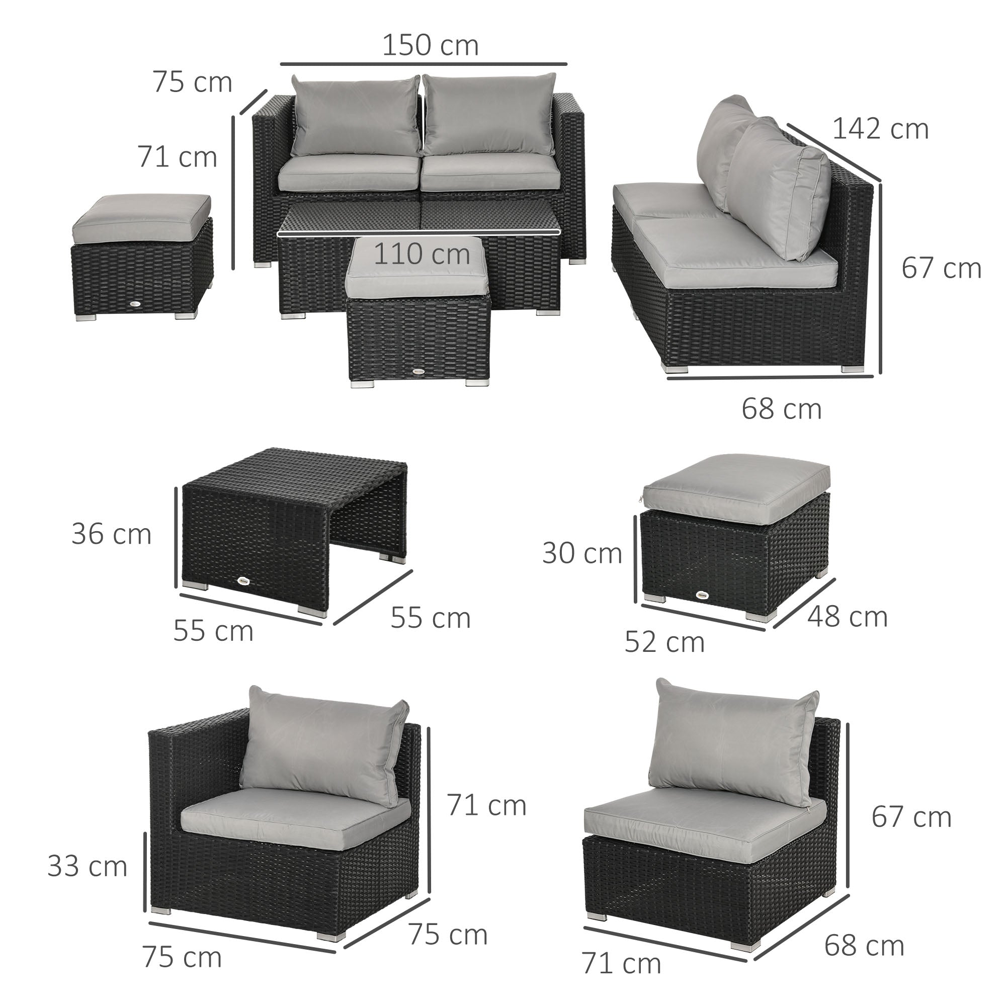 Outsunny 8 Pieces PE Rattan Sofa Set with Cushions, Garden Corner Sofa with 4 Seater Sofa, 2 Footstools and 2 Coffee Table Set, Space-saving Design, No Assembly Required, Black - North Peak Garden Furniture