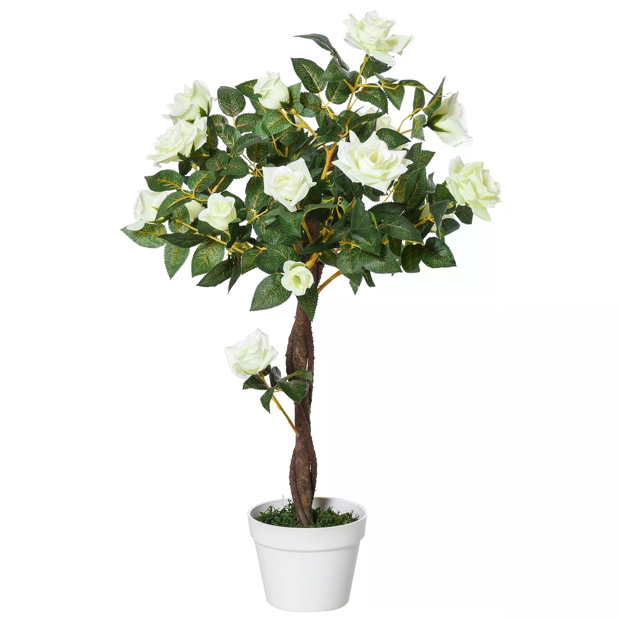 Outsunny 90cm/3FT Artificial Rose Tree Fake Decorative Plant w/ 21 Flowers Pot Indoor Outdoor Faux Decoration Home Office Décor White & Green