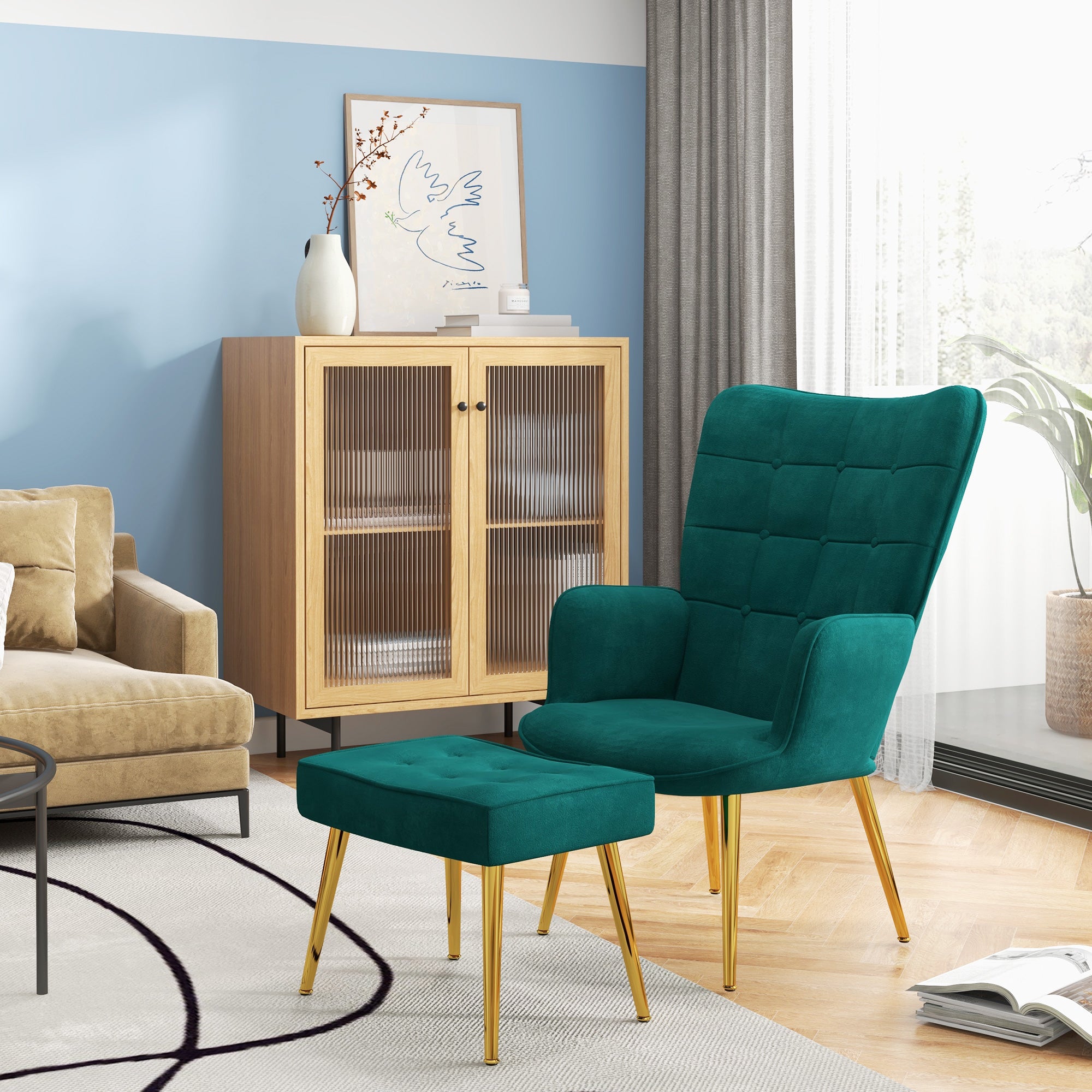 HOMCOM Modern Armchair with Footstool, Upholstered Accent Chair with Ottoman, Steel Legs, Velvet Wingback Chair for Living Room, Bedroom, Home Study, Dark Green - North Peak Garden Furniture
