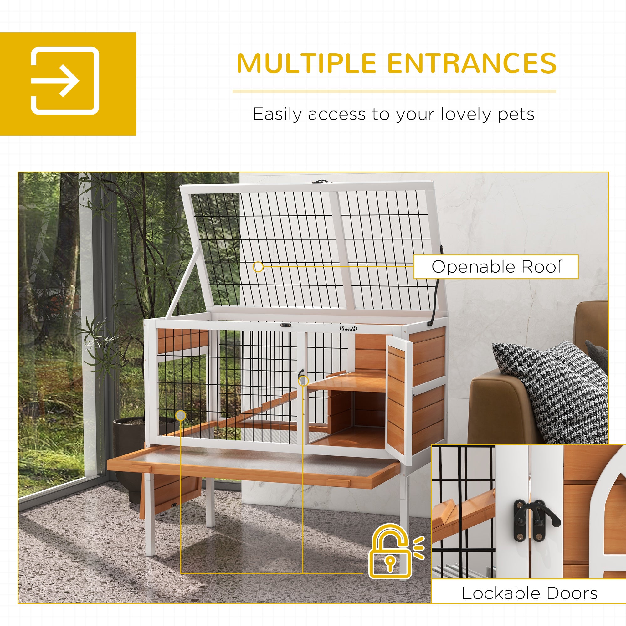 PawHut Wooden Rabbit Hutch, Guinea Pig Cage, with Removable Tray, Openable Roof - North Peak Garden Furniture
