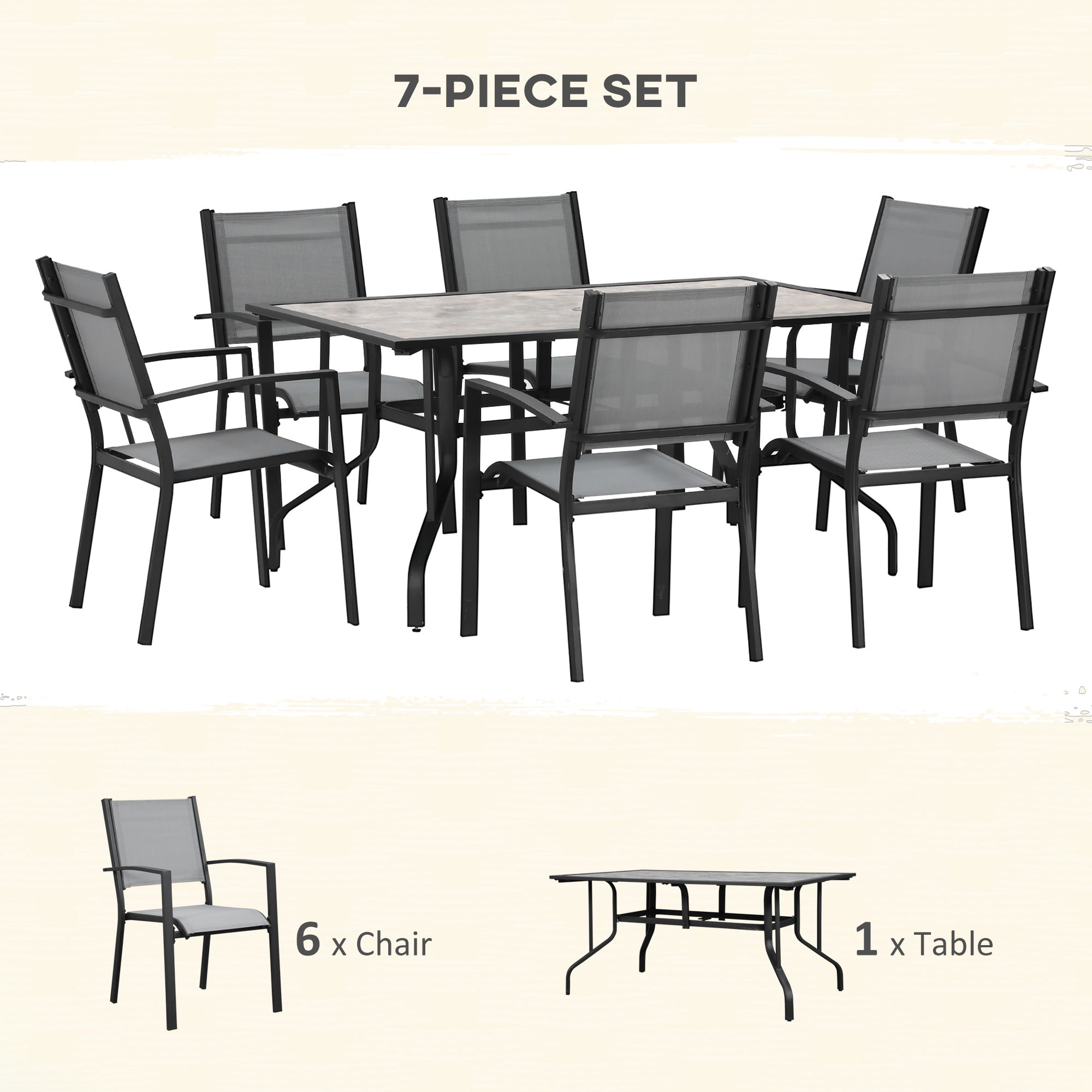 Outsunny 7 Pieces Garden Dining Set, 6 Seater Garden Table and Chairs with Parasol Hole, Outdoor Furniture Armchairs and Stone-like Plastic Top Table with Breathable Mesh Fabric Seat, Grey - North Peak Garden Furniture