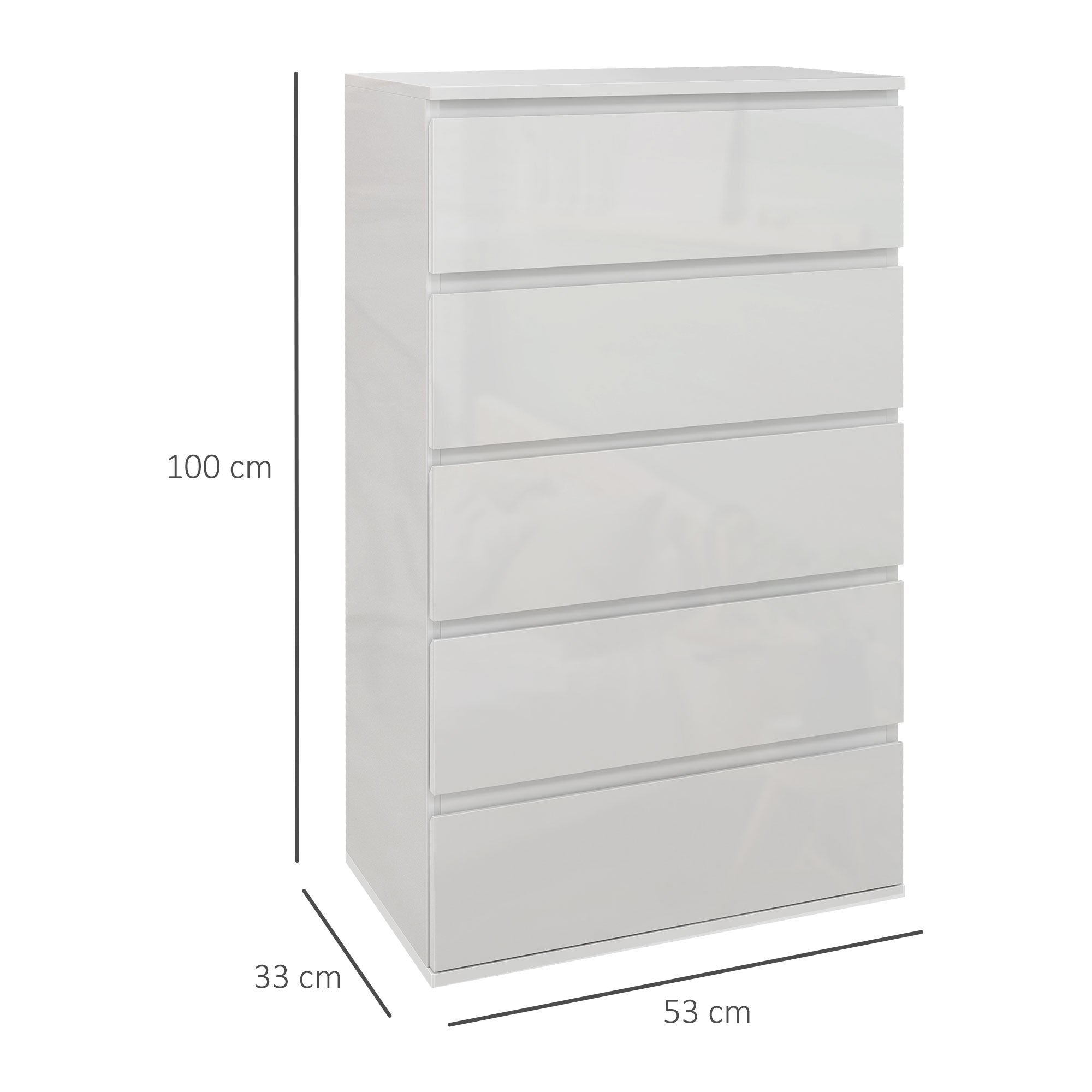 HOMCOM High Gloss Chest of Drawers, 5-Drawer Storage Cabinets, Modern Dresser, Storage Drawer Unit for Bedroom - North Peak Garden Furniture
