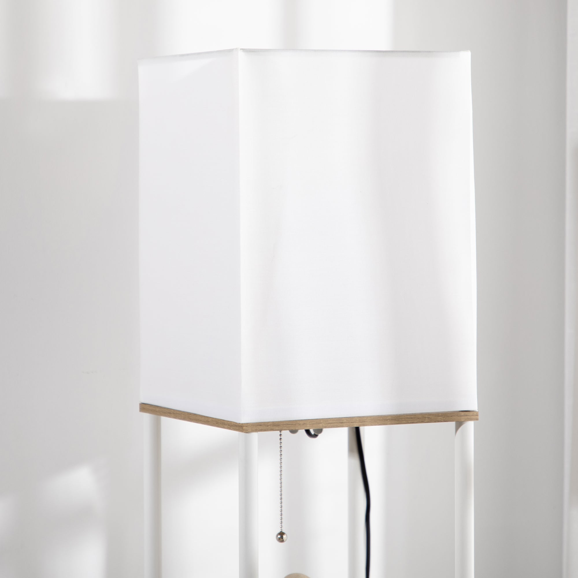 HOMCOM Modern Floor Lamp with Shelves, 3 Layer Shelf Tall Standing Lamp with Fabric Lampshade, Pull Chain Switch for Living Room, Bedroom, Bulb not Included, White - North Peak Garden Furniture