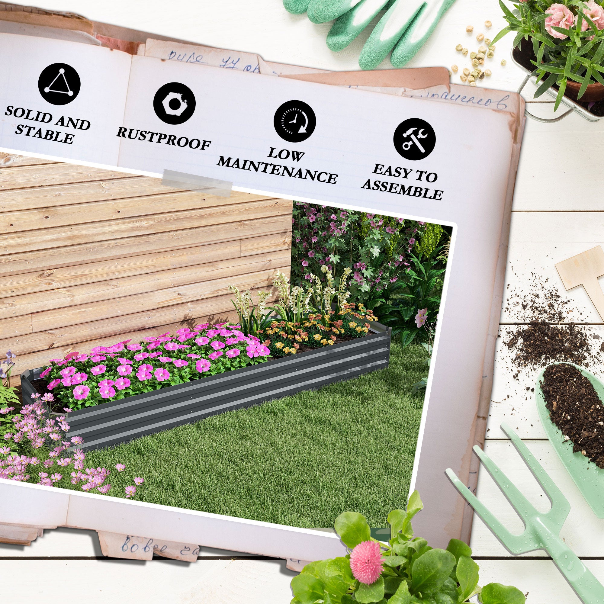 Outsunny 60 x 240cm Galvanised Steel Planter, with Open Bottom, Pack of 2 - North Peak Garden Furniture