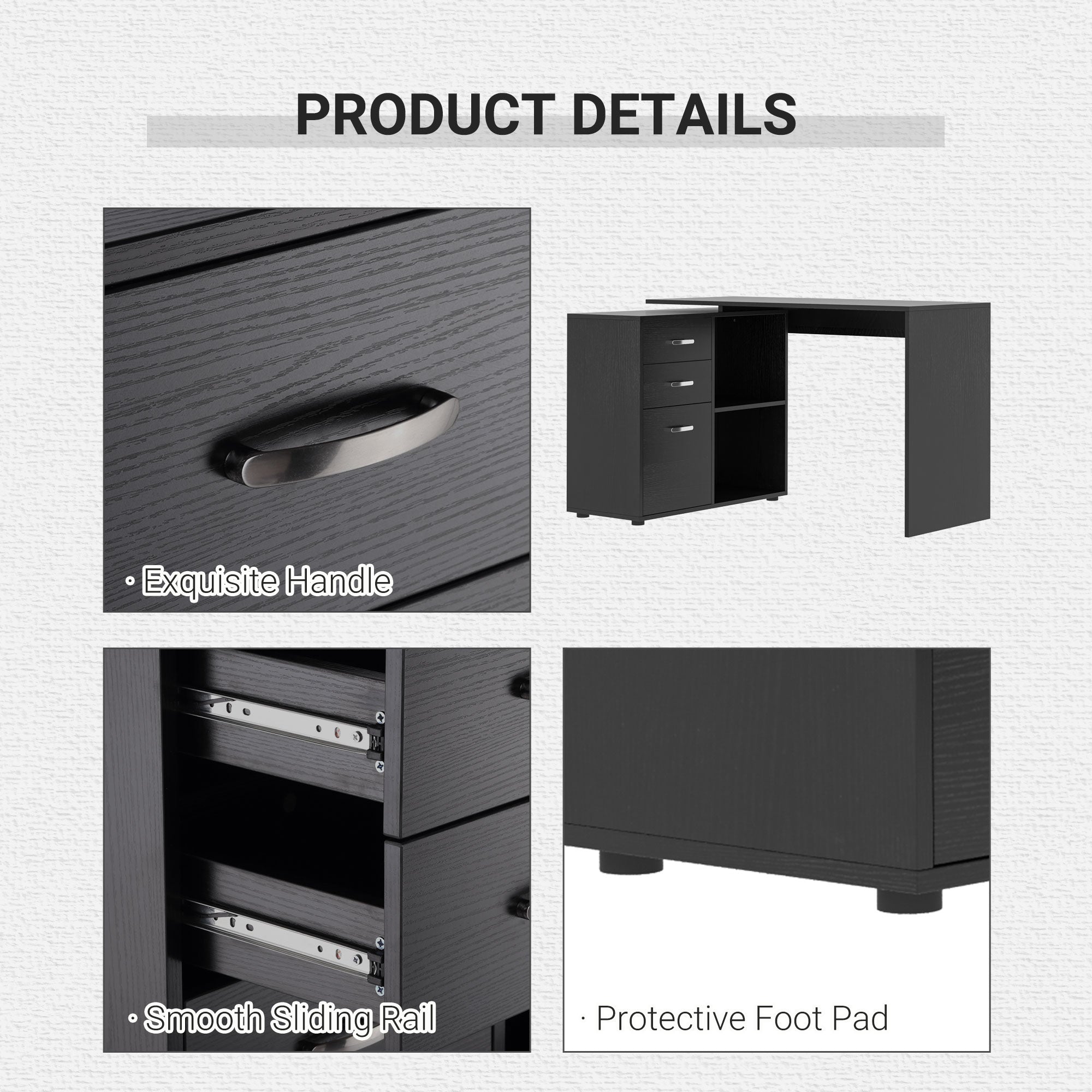 HOMCOM L-Shaped Computer Desk, 2 Shaped Corner Desk with Drawers, File Cabinet and Storage Shelves, Home Office Desk, 117 x 83.5 x 76cm, Black - North Peak Garden Furniture