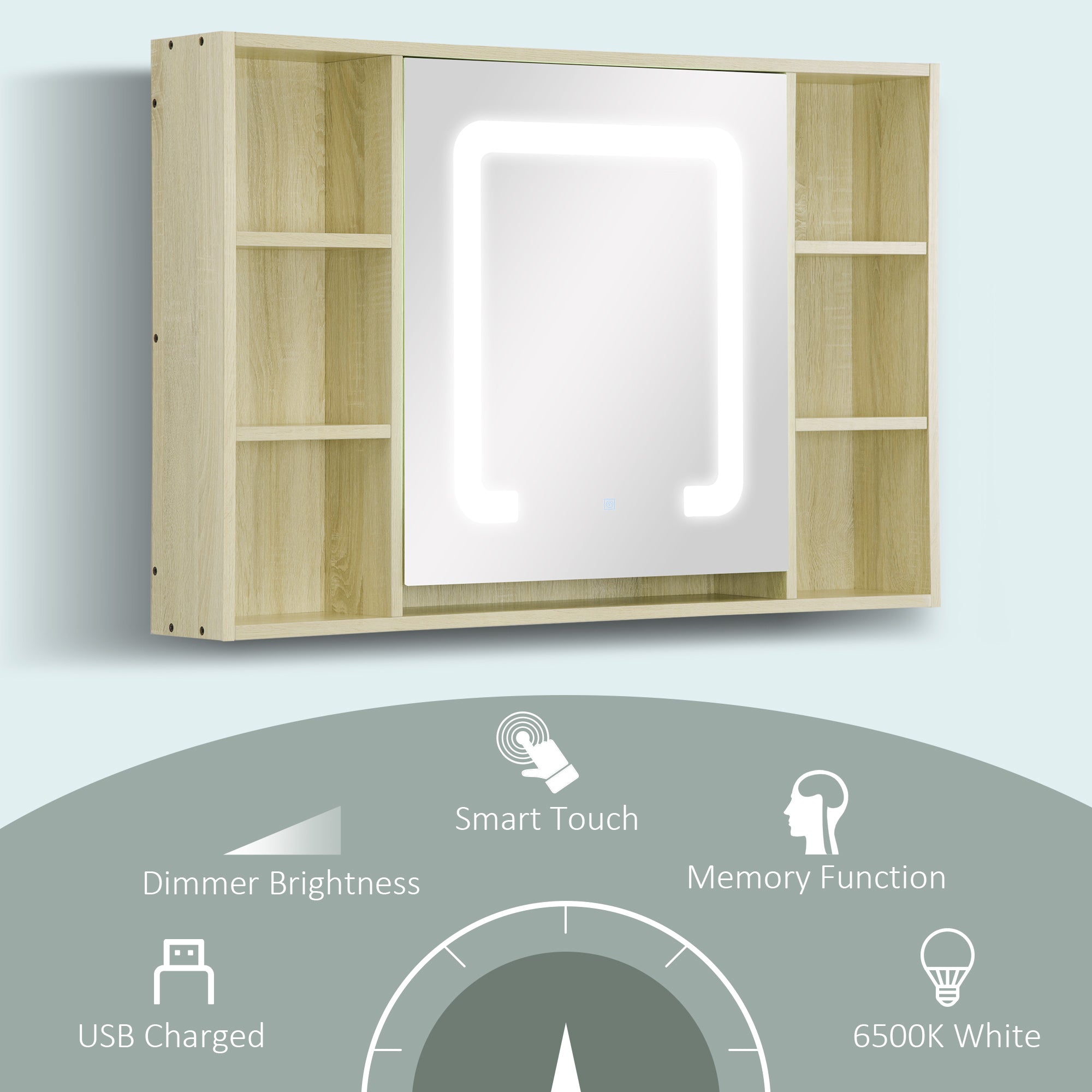 kleankin LED Bathroom Mirror Cabinet, Wall Mounted Dimmable Brightness Medicine Cabinet with Adjustable Shelf and Mirrored Door, Memory Function, USB Charge, Natural