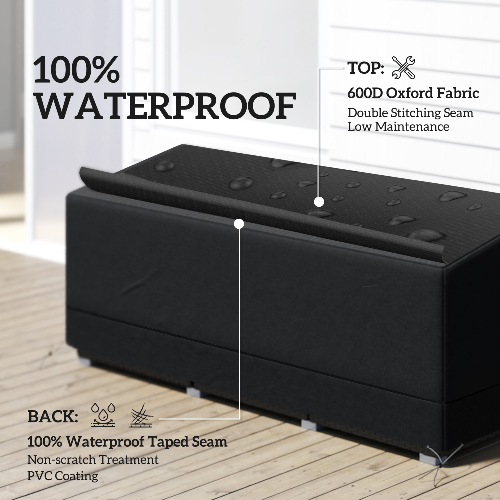 Outsunny Rectangular Patio Garden Furniture Cover Waterproof for 3 Seater Sofa Bistro Set, UV Resistant Protection 600D Oxford Fabric Rattan Lounge Clean Cover, 190 x 72 x 76cm, Black - North Peak Garden Furniture