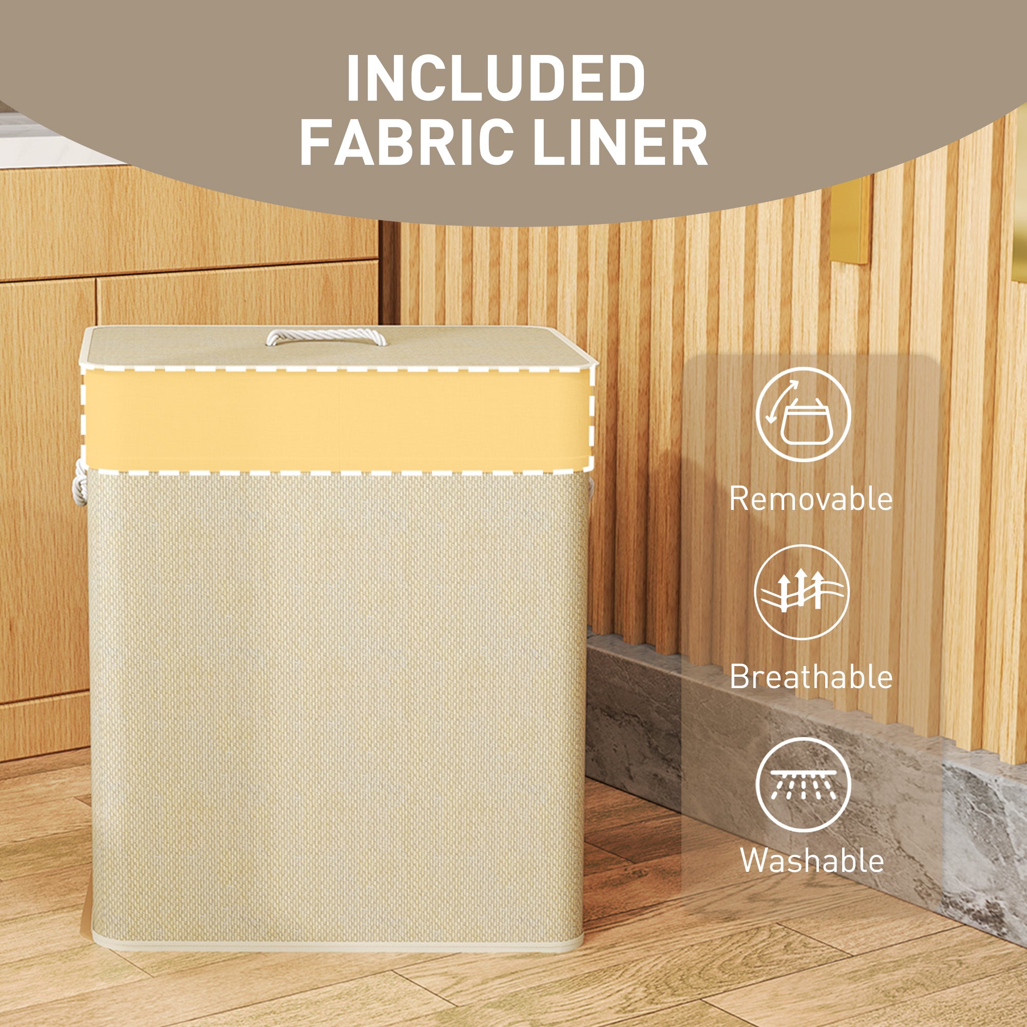 HOMCOM Double Laundry Basket with Lid, 100L Bamboo Laundry Hamper with Rope Handles, Washing Basket with Removable Liner for Bathroom, Bedroom, Cream White - North Peak Garden Furniture