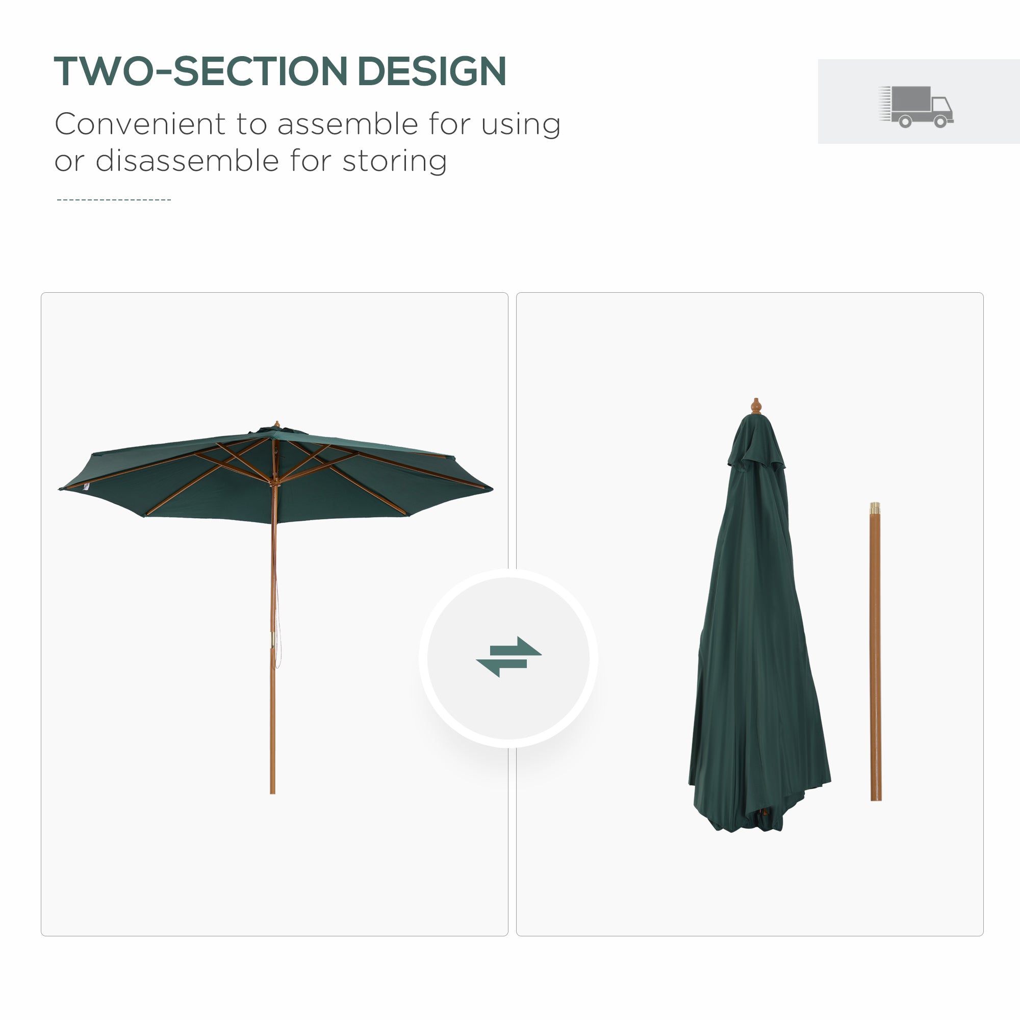 Outsunny 3(m) Wooden Patio Umbrella, Pulley Operated Garden Parasol with Rope Pulley Mechanism and 8 Ribs, Dark Green - North Peak Garden Furniture