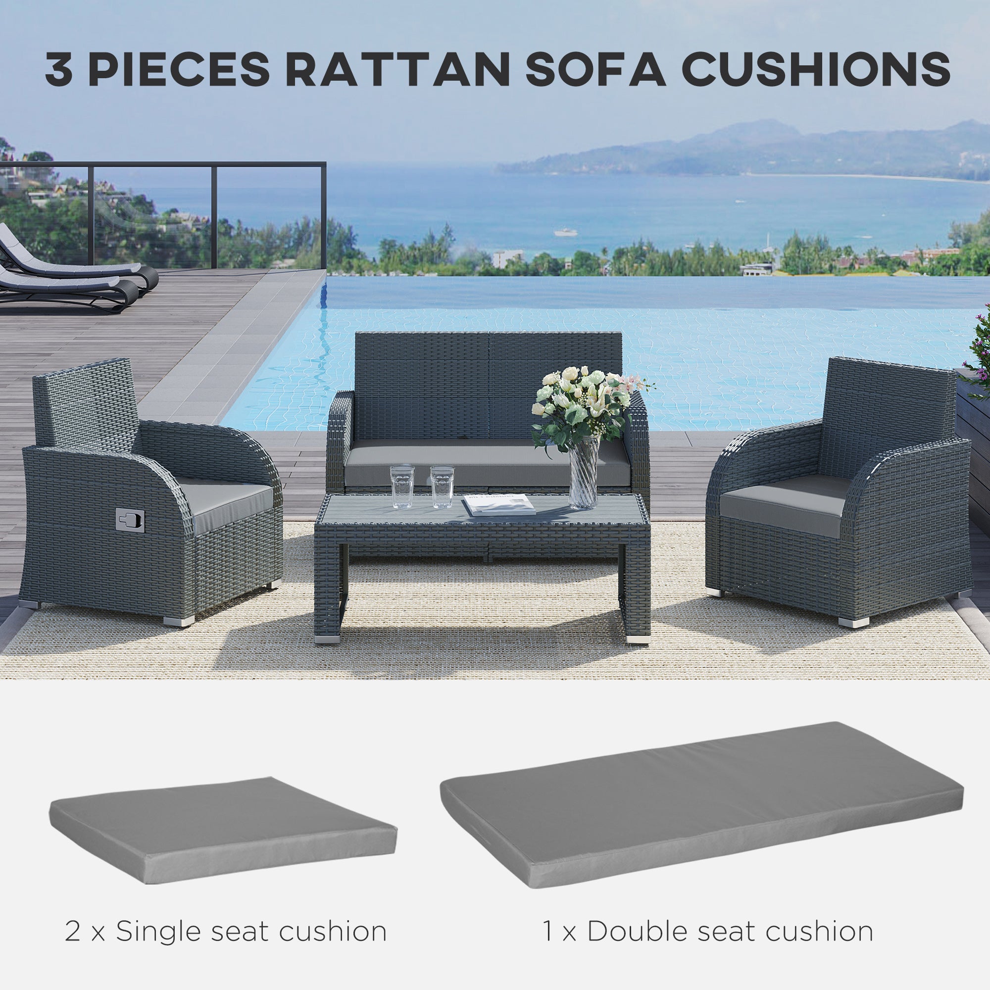 Outsunny Outdoor Seat Cushion Pads for Rattan Furniture, 3 PCs Garden Furniture Cushions, Dark Grey - North Peak Garden Furniture