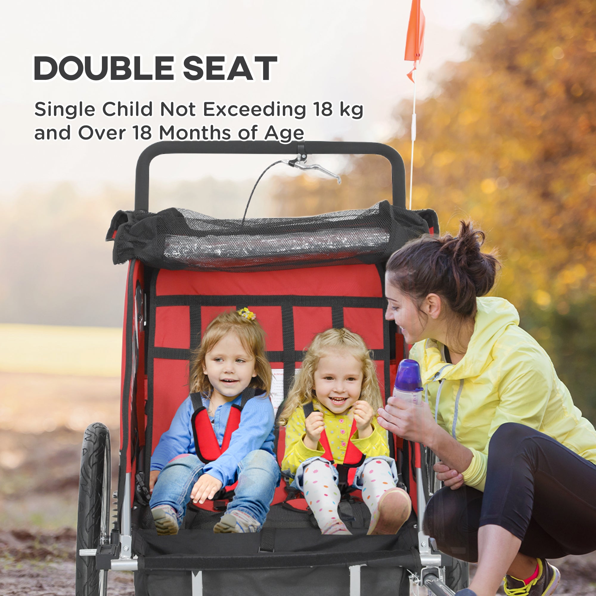 HOMCOM 2 Seat Bike Trailer with 5 Point Harness, Baby Bike Stroller with Safety Flag, Reflectors, for 18+ Months, Red - North Peak Garden Furniture