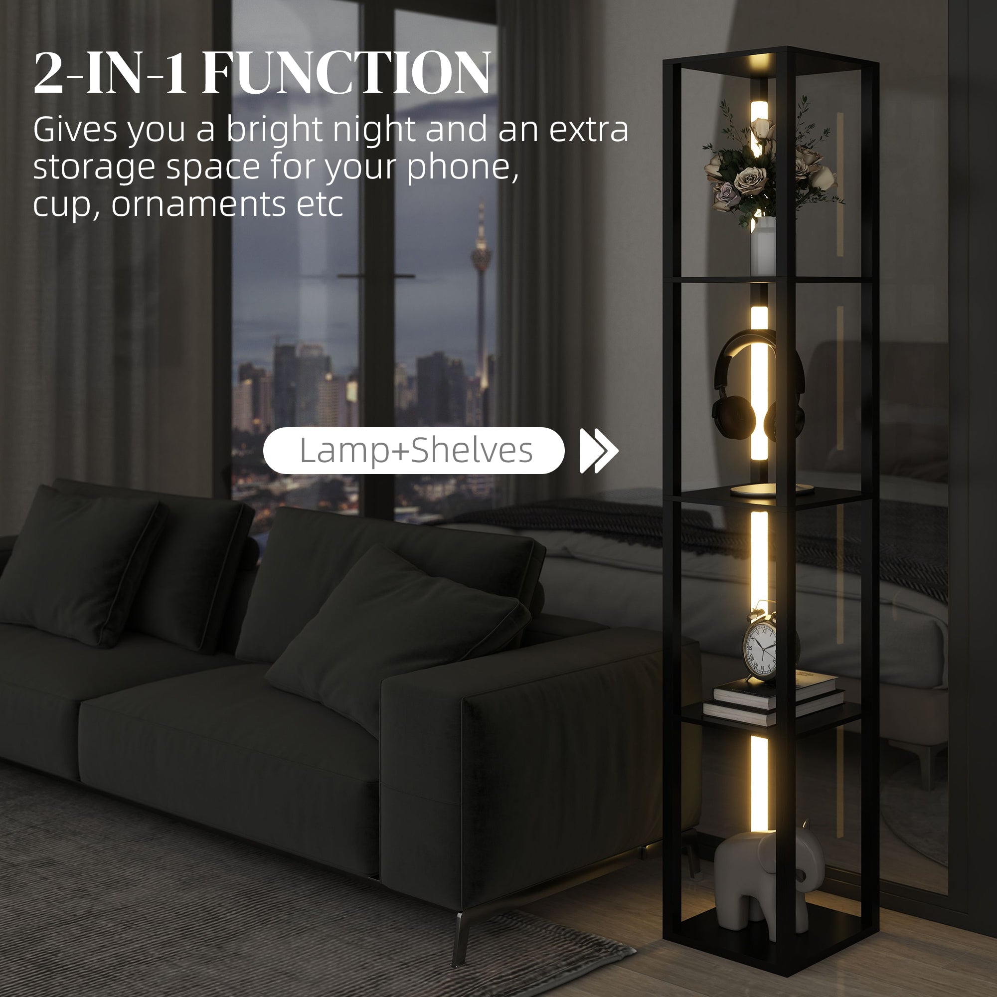 HOMCOM Floor Lamp with Shelves, 4 Layer Dimmable Column Modern Standing Lamp with 3 Brightness Levels and Foot Switch for Living Room, Bedroom, Office, Black - North Peak Garden Furniture
