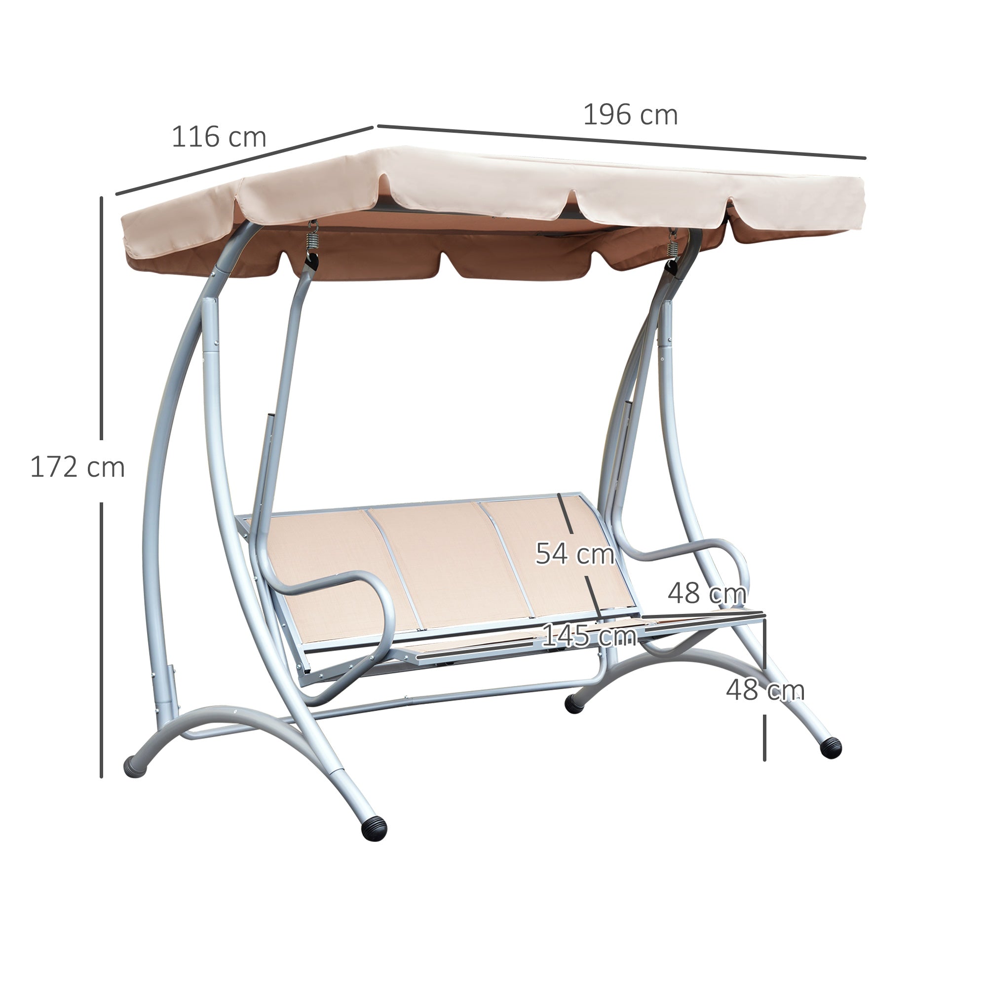 Outsunny 3 Seater Bench Steel Outdoor Patio Porch Swing Chair with Adjustable Canopy - Beige