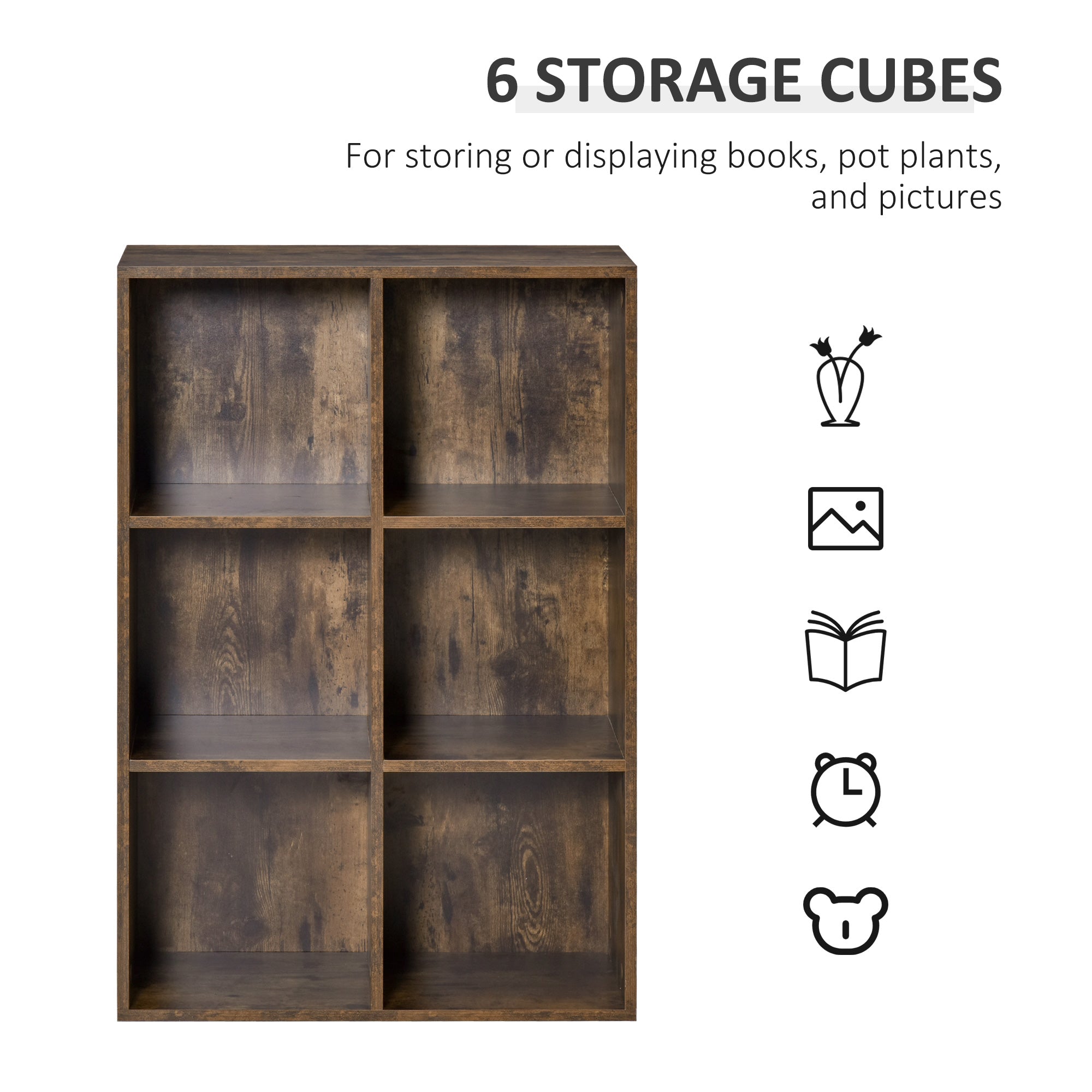 HOMCOM Six-Cube Bookcase - Rustic Brown Wood Effect