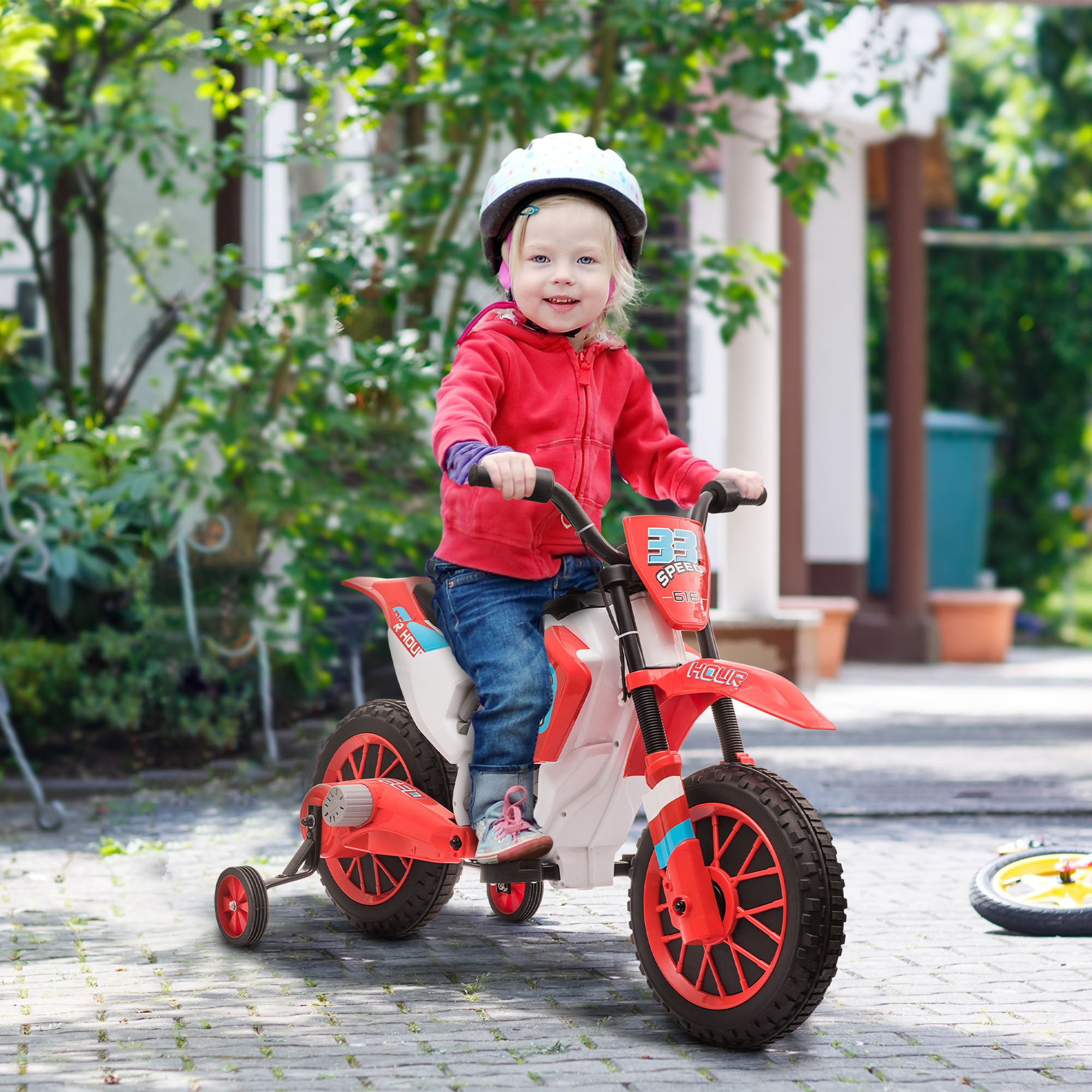 HOMCOM 12V Kids Electric Motorcycle Ride-On, with Training Wheels, for Ages 3-6 Years - Red - North Peak Garden Furniture
