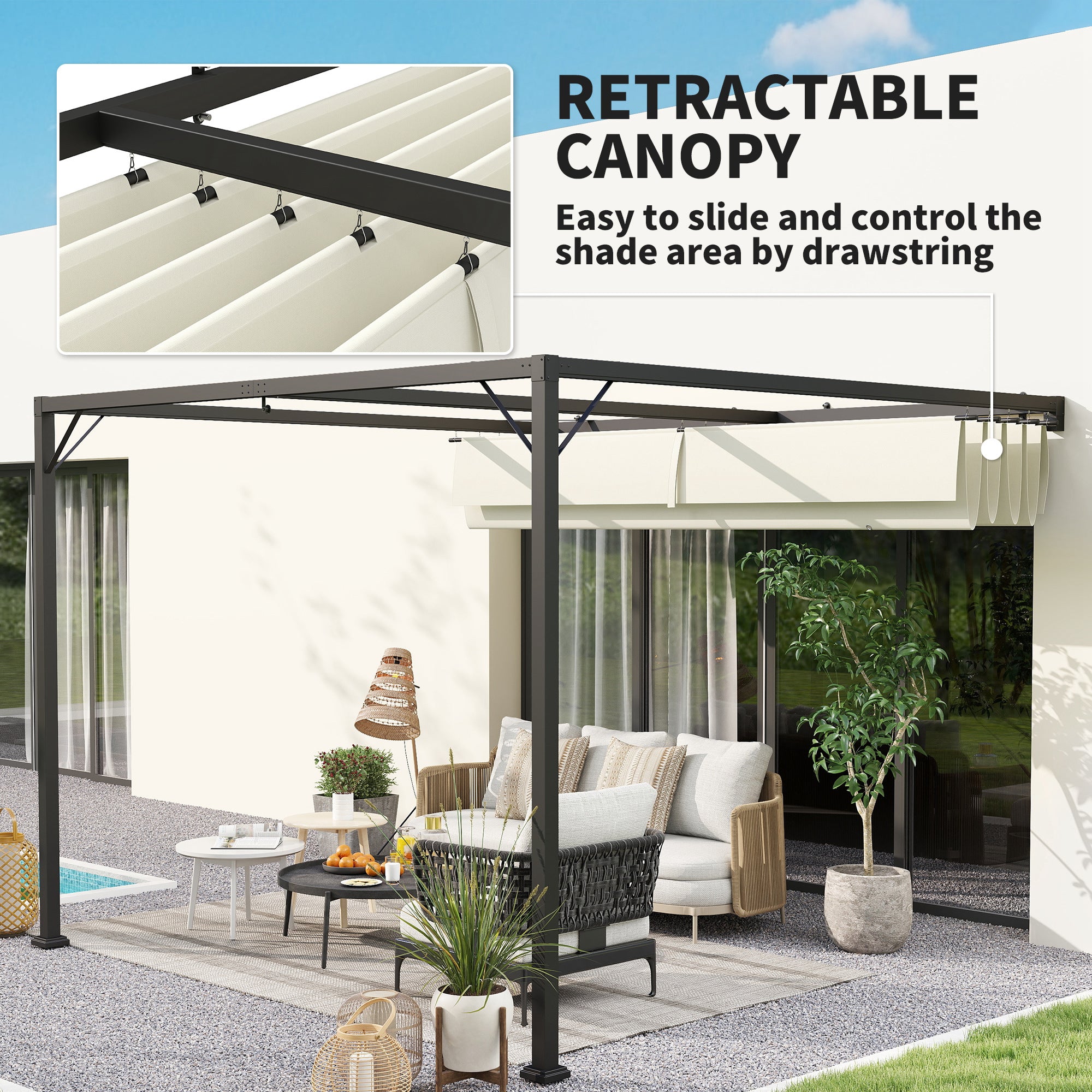 Outsunny 3 x 3(m) Outdoor Pergola with Retractable Canopy -Cream White - North Peak Garden Furniture