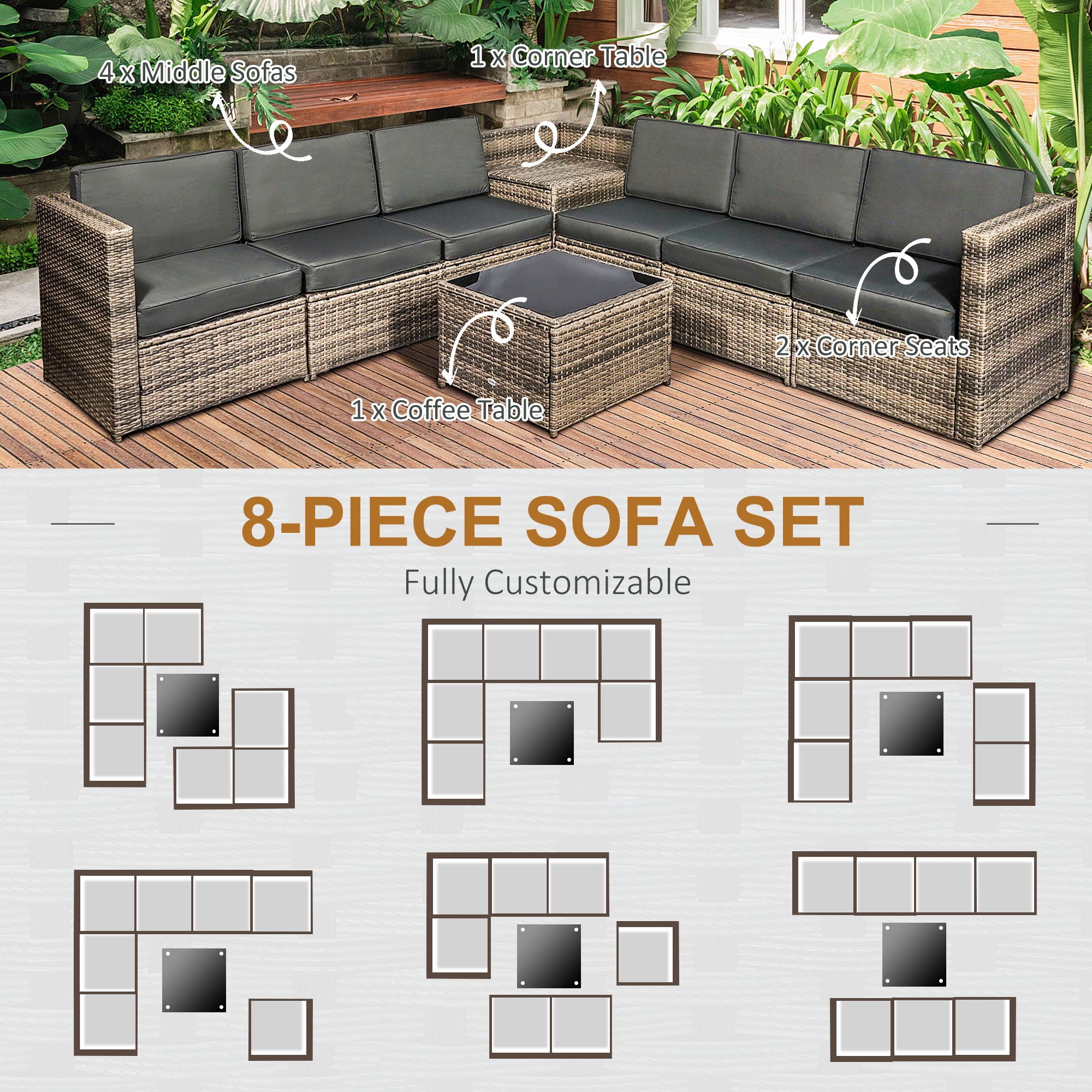 Outsunny 8 Pieces Outdoor PE Rattan Sofa Set with Cushions, Patio Garden Furniture Sets with Glass Top Coffee Table, Storage Corner Table, Mixed Brown - North Peak Garden Furniture