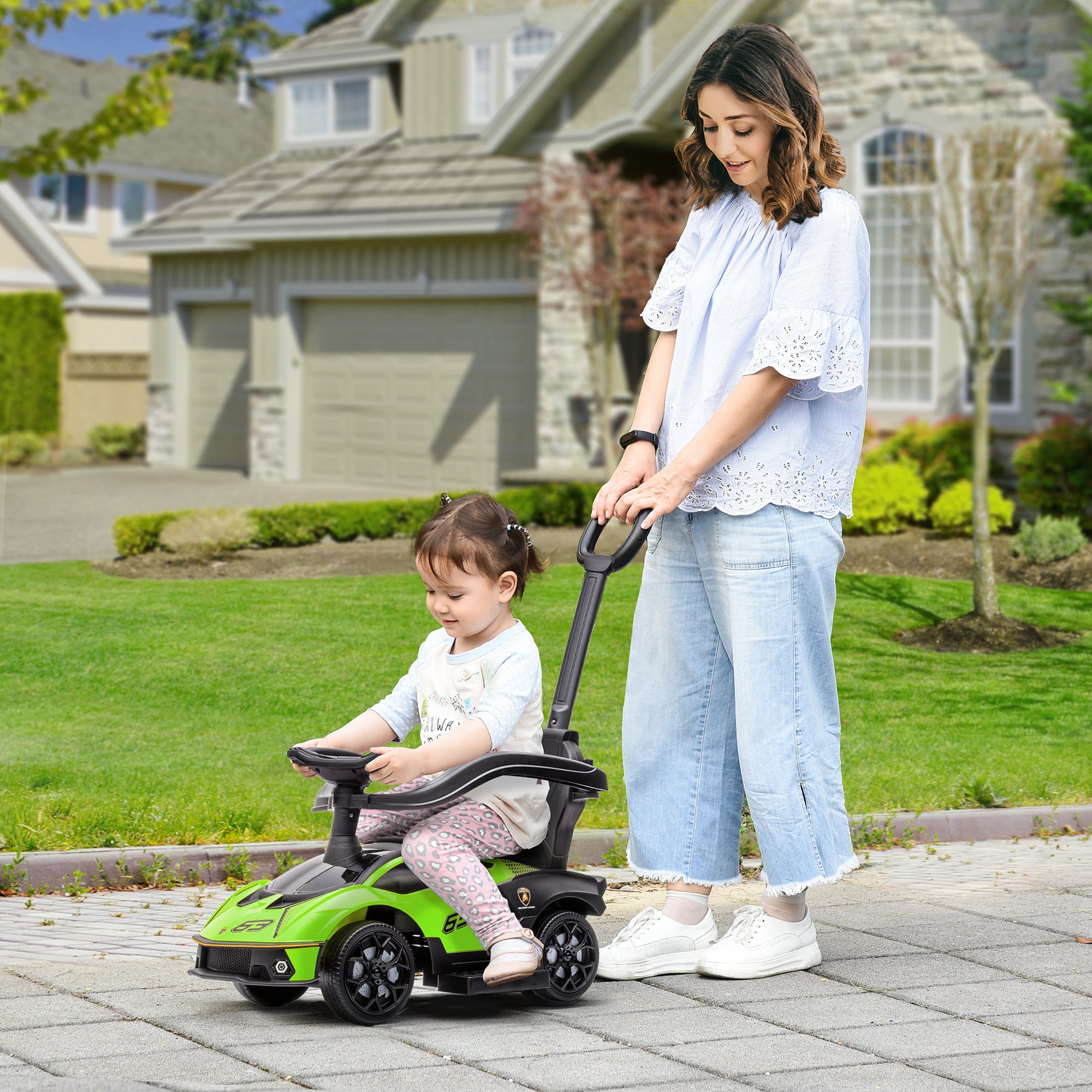 AIYAPLAY Kids 2-In-1 Lamborghini Ride-On and Stroller, with Horn - Green - North Peak Garden Furniture