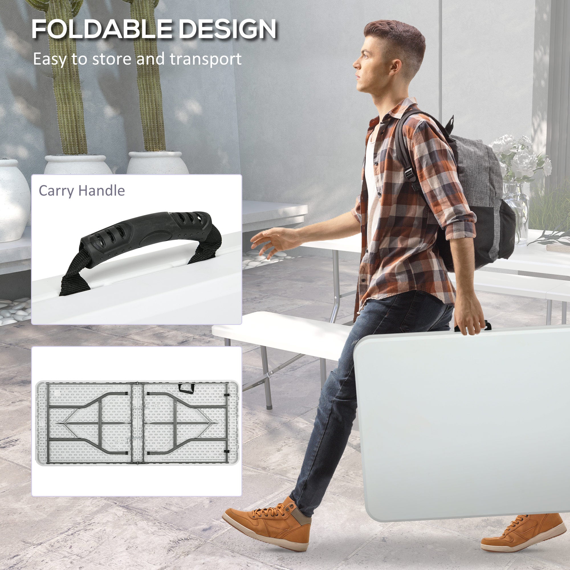 Outsunny 180 x 75cm Folding Garden Table, Outdoor HDPE Picnic Table for 6, Rectangular Patio Table with Metal Frame, White - North Peak Garden Furniture
