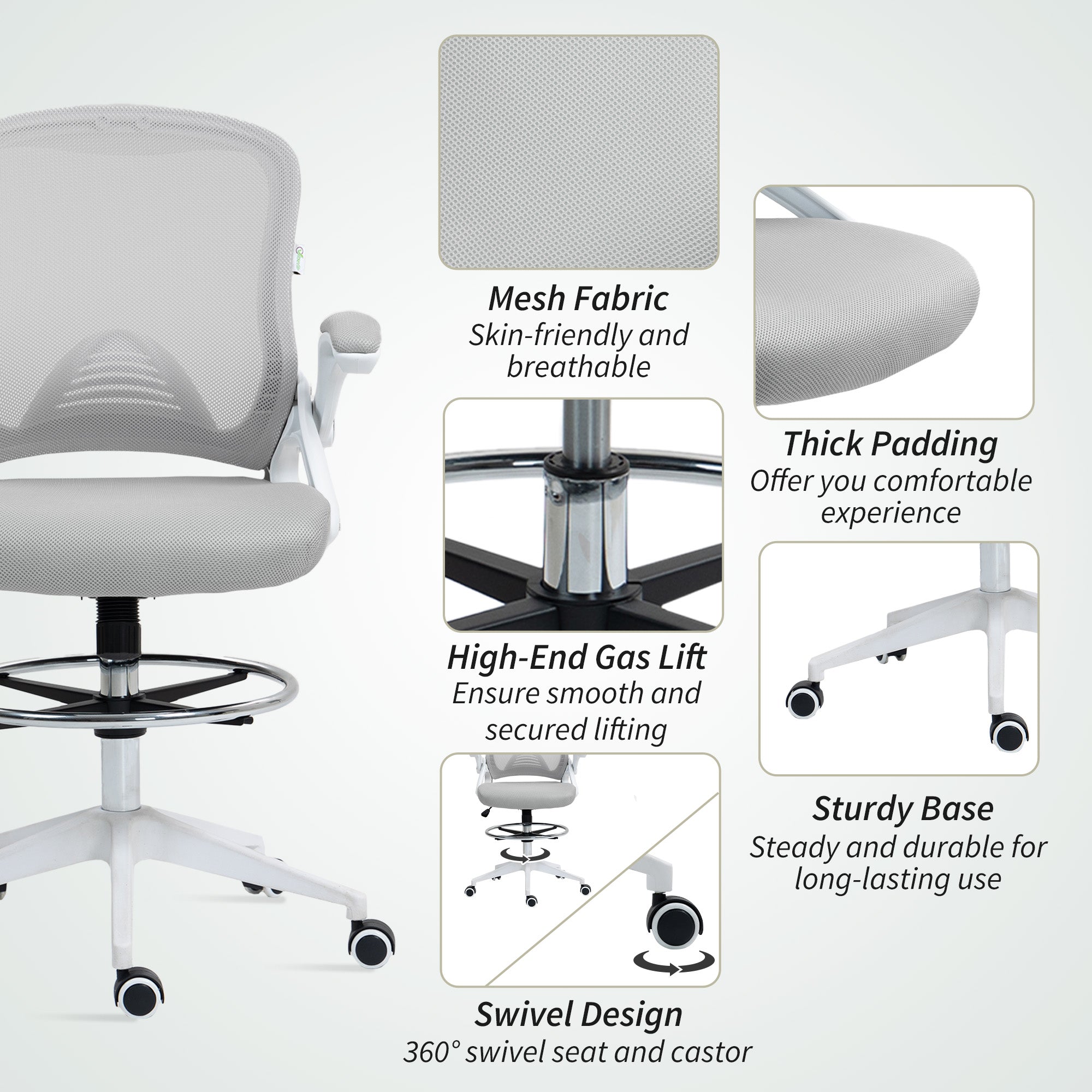Vinsetto Drafting Chair with Flip-up Armrest, Mesh Office Stool with Foot Ring, 360° Swivel Height Adjustable Chair for Standing Desk, Light Grey - North Peak Garden Furniture