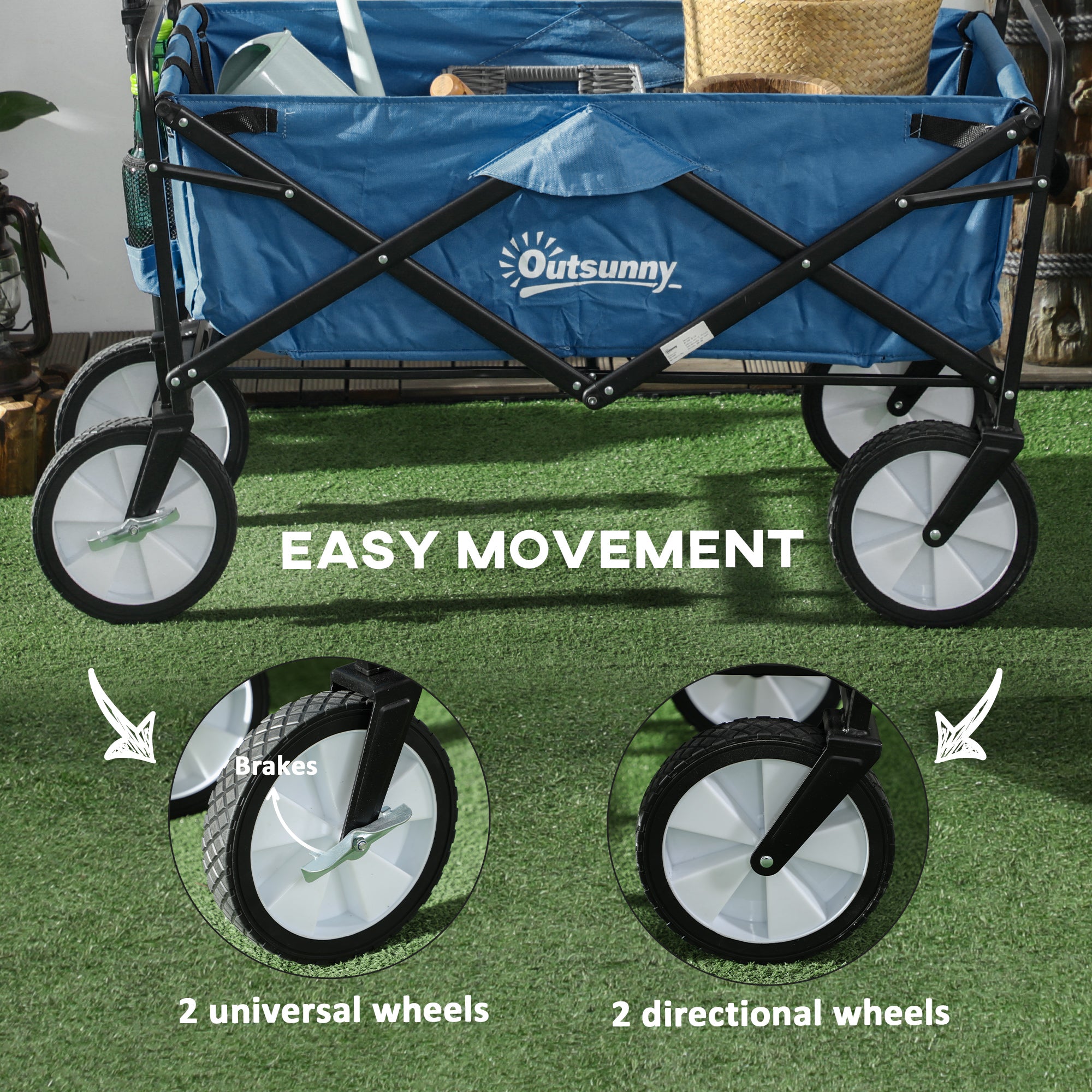 Outsunny 90L Folding Garden Trolley Cart Pull Along Wagon with Telescopic Handle for Beach Camping Festival - Navy Blue - North Peak Garden Furniture