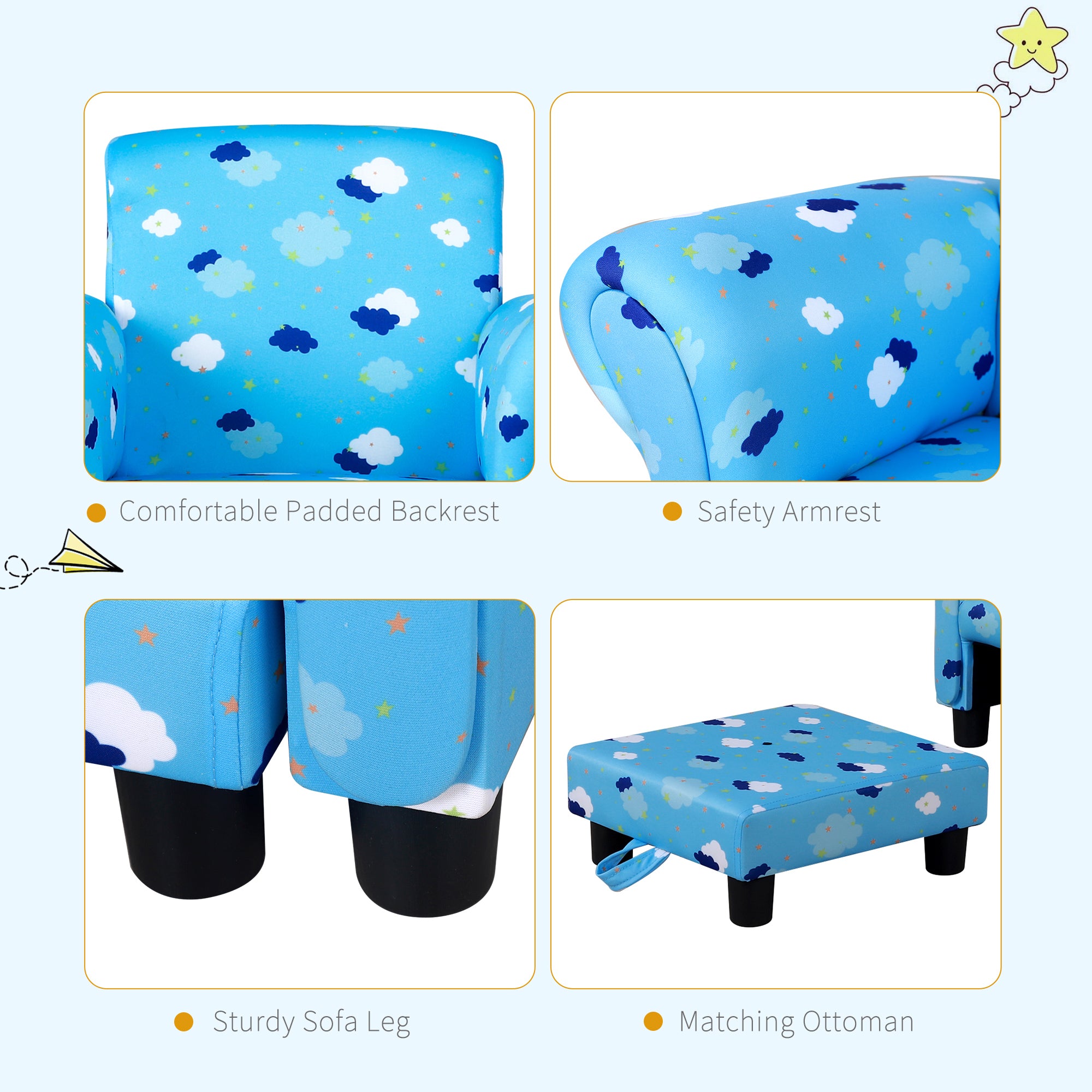 HOMCOM Toddler Chair Children's Armchairs Wood Frame w/ Footrest Anti-Slip Legs High Back Arms for Bedroom Playroom Cute Cloud Star Blue - North Peak Garden Furniture
