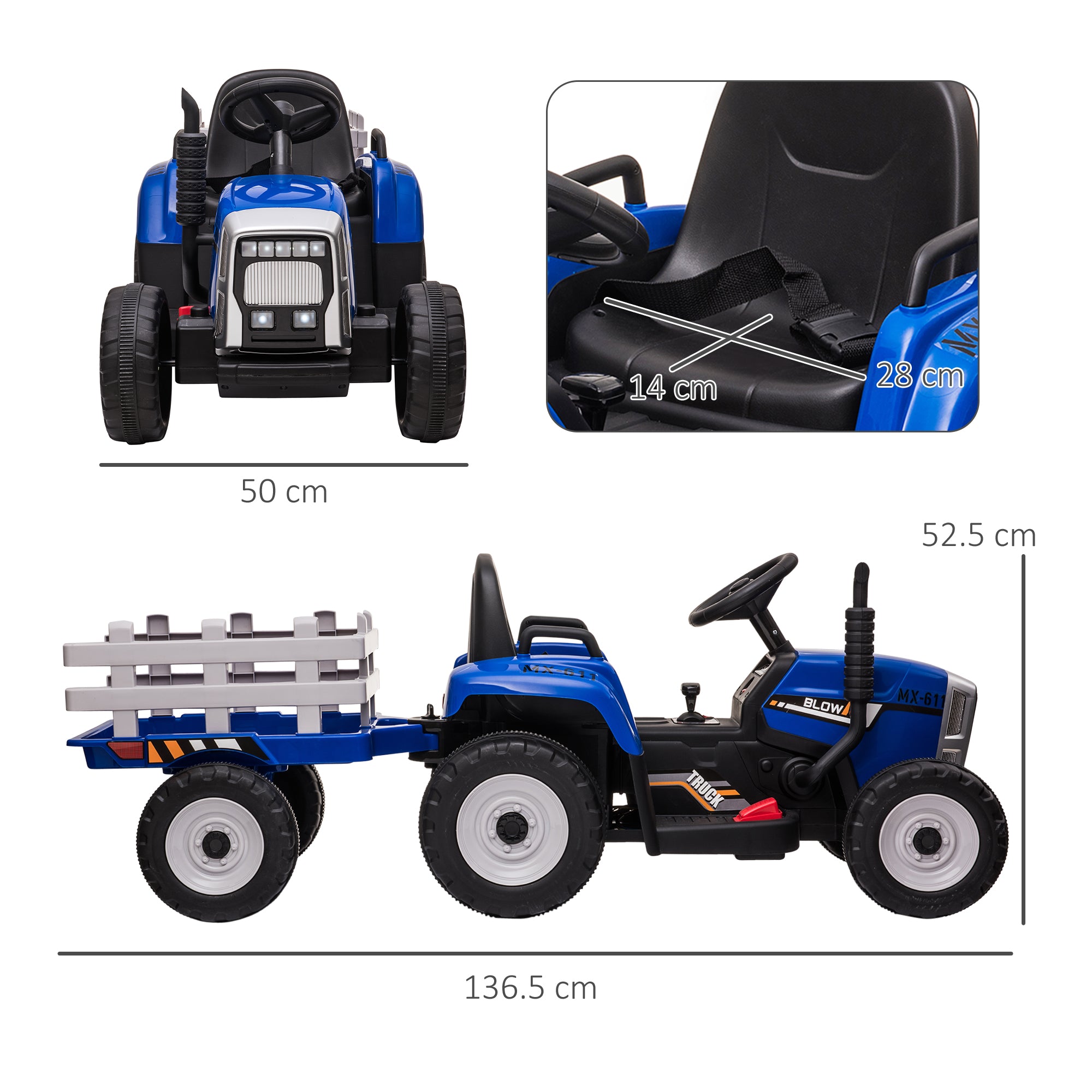 HOMCOM Ride On Tractor, Battery Powered Electric Car, with Detachable Trailer, Remote Control, Music - Blue - North Peak Garden Furniture