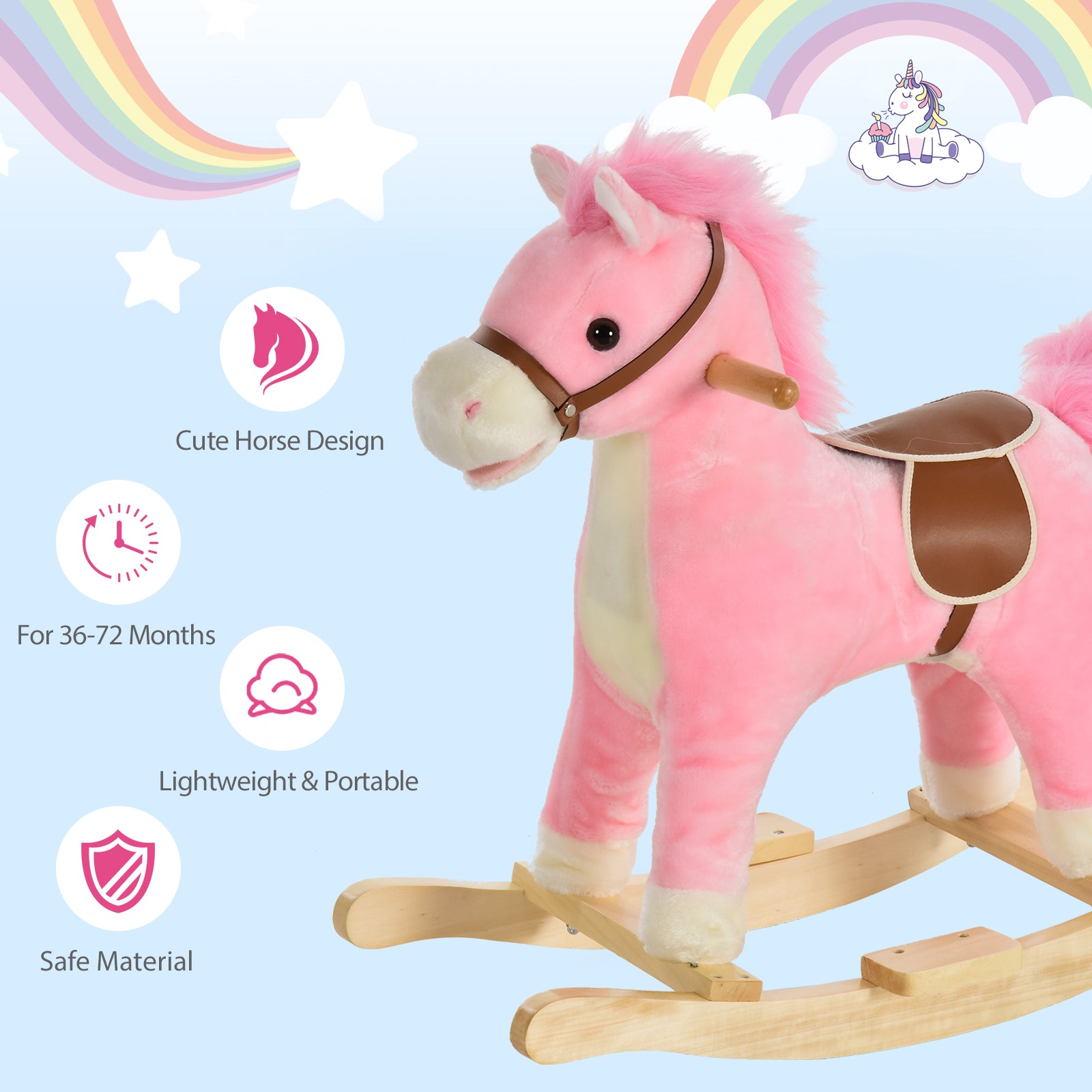 HOMCOM Kids Plush Rocking Horse w/ Sound Moving Mouth Wagging Tail Children Rocker Ride On Toy Gift 3-6 Years Pink