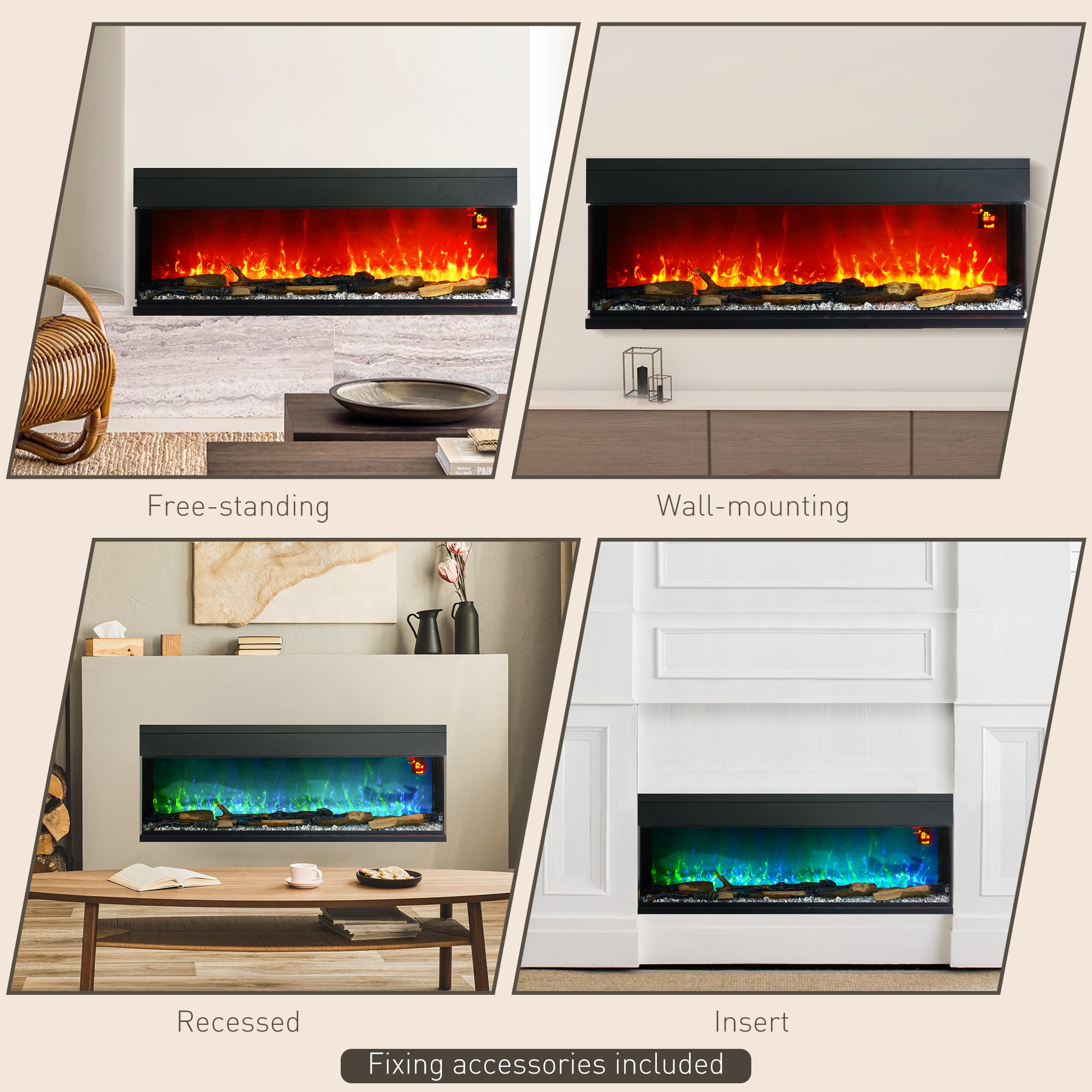 HOMCOM 1800W 15-40℃ Adjustable Flame Glass Panel Convector Heater, 127cm - North Peak Garden Furniture