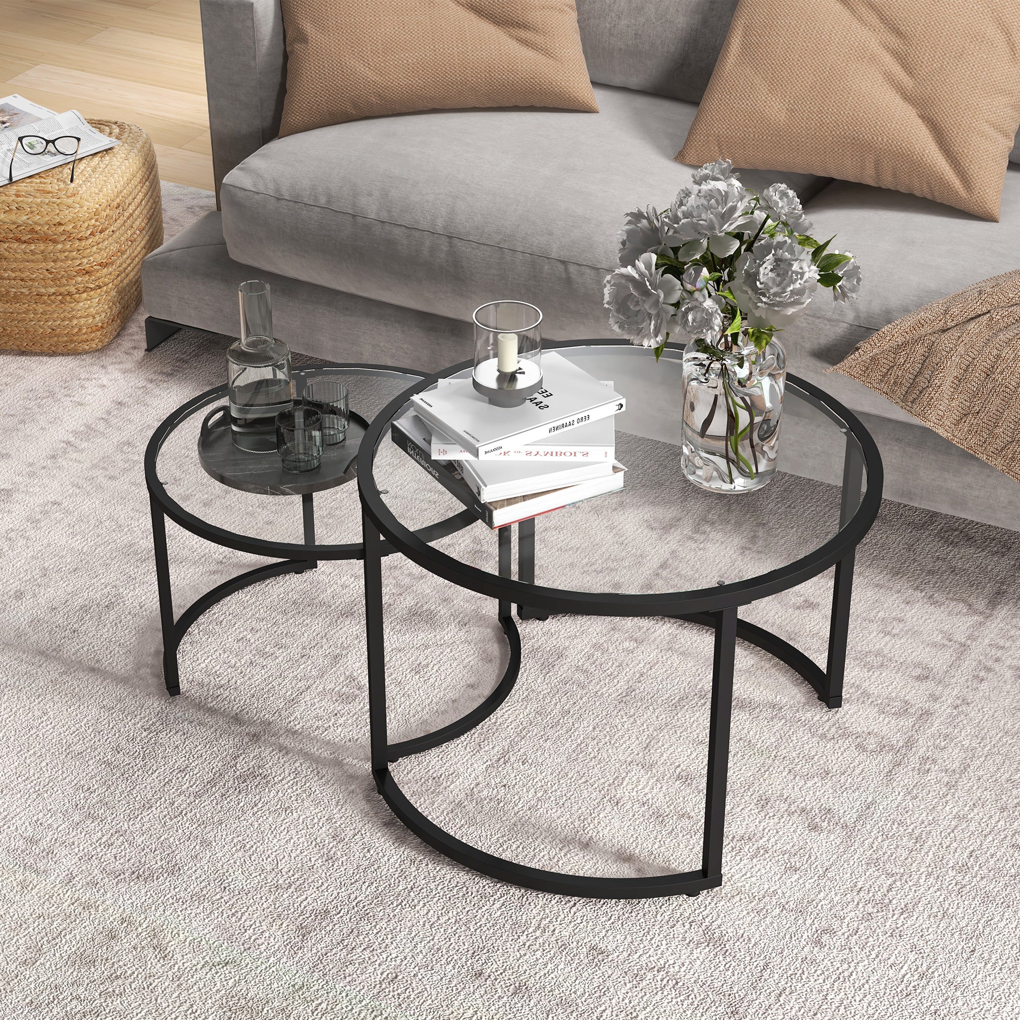 HOMCOM Two-Piece Nest of Glass-Top Coffee Tables - North Peak Garden Furniture