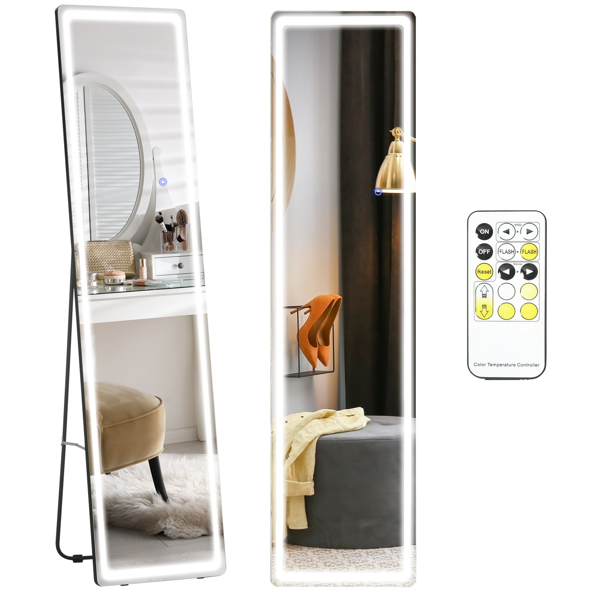 HOMCOM Full-Length Mirror, 160 x 40 cm, Wall Mounted, Freestanding Floor Mirror with LED Lights and Remote Control, Dimming & 3 Colour Modes, for Bedroom, Black