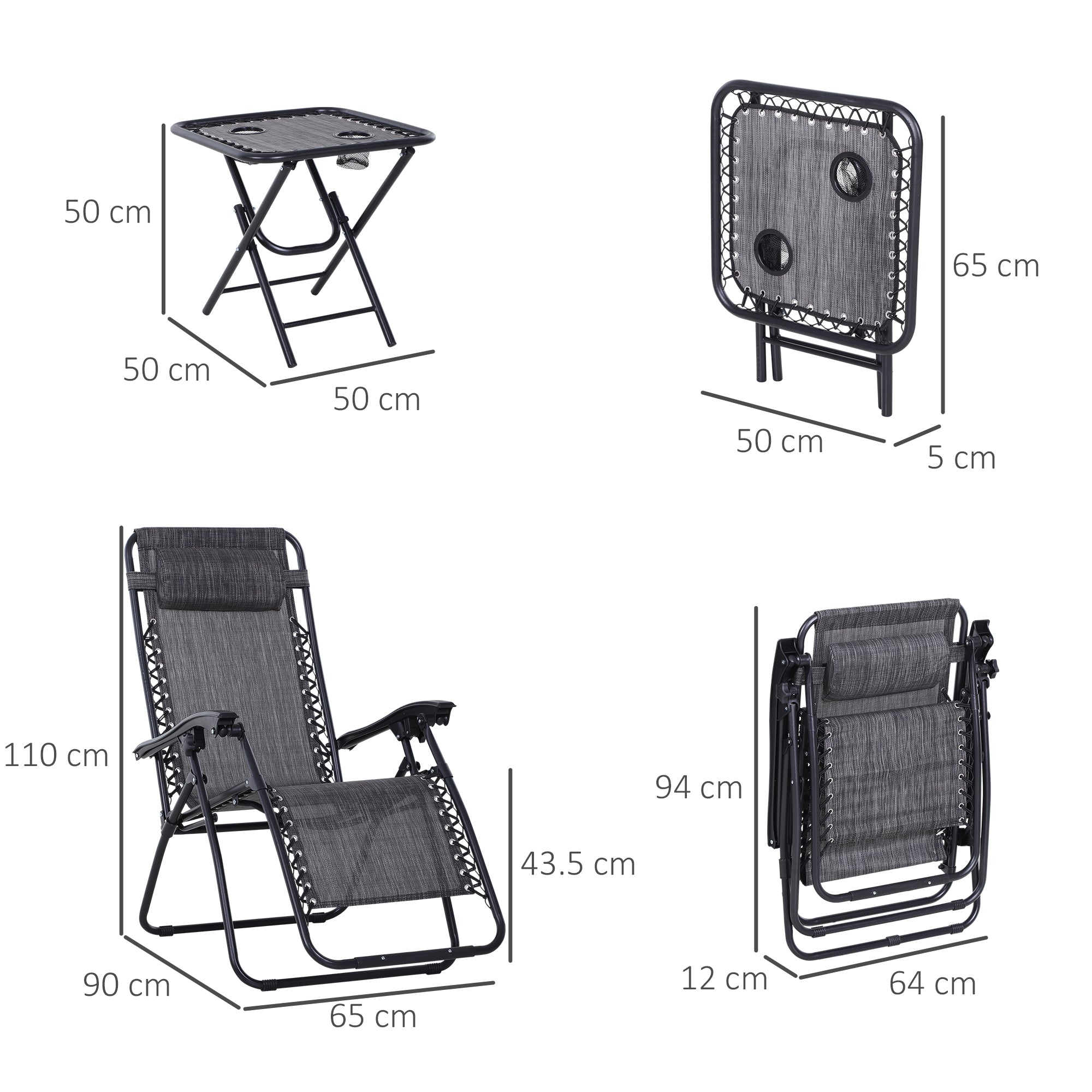 Outsunny 3pcs Folding Zero Gravity Chairs Sun Lounger Table Set w/ Cup Holders Reclining Garden Yard Pool, Light Grey - North Peak Garden Furniture