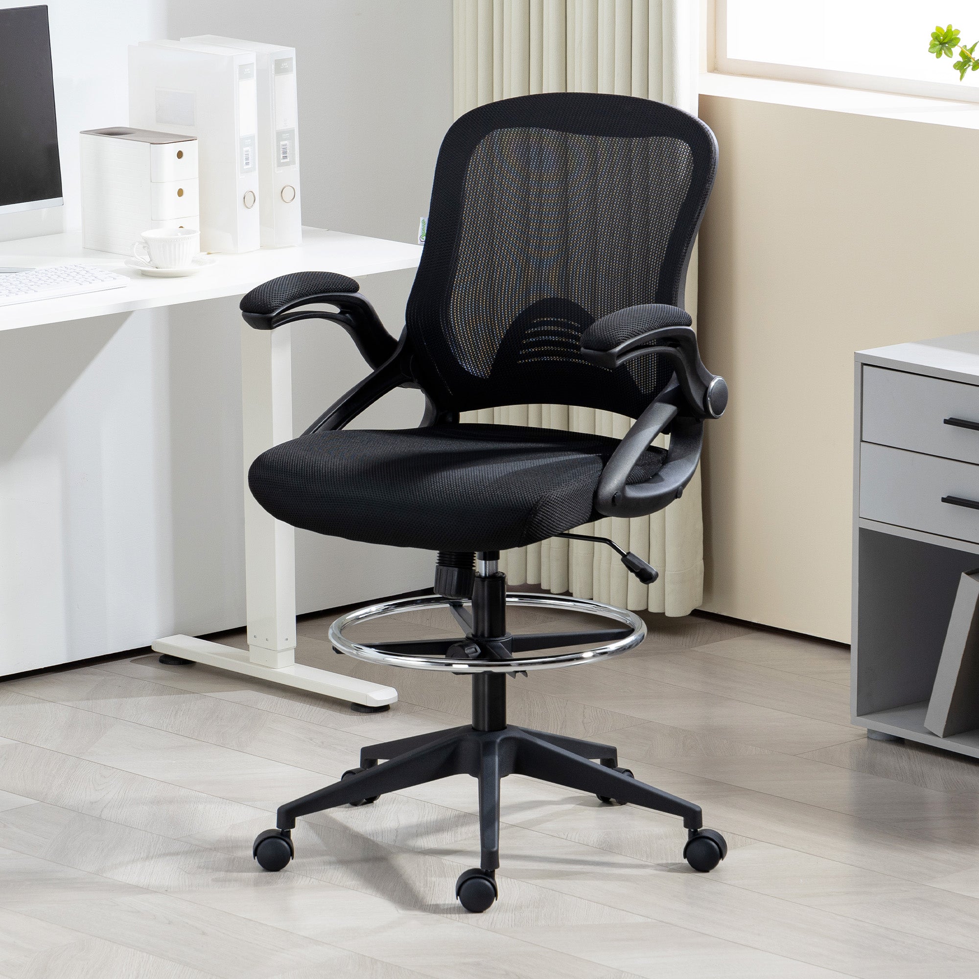 Vinsetto Drafting Chair with Flip-up Armrest, Mesh Office Stool with Foot Ring, 360° Swivel Height Adjustable Chair for Standing Desk, Black