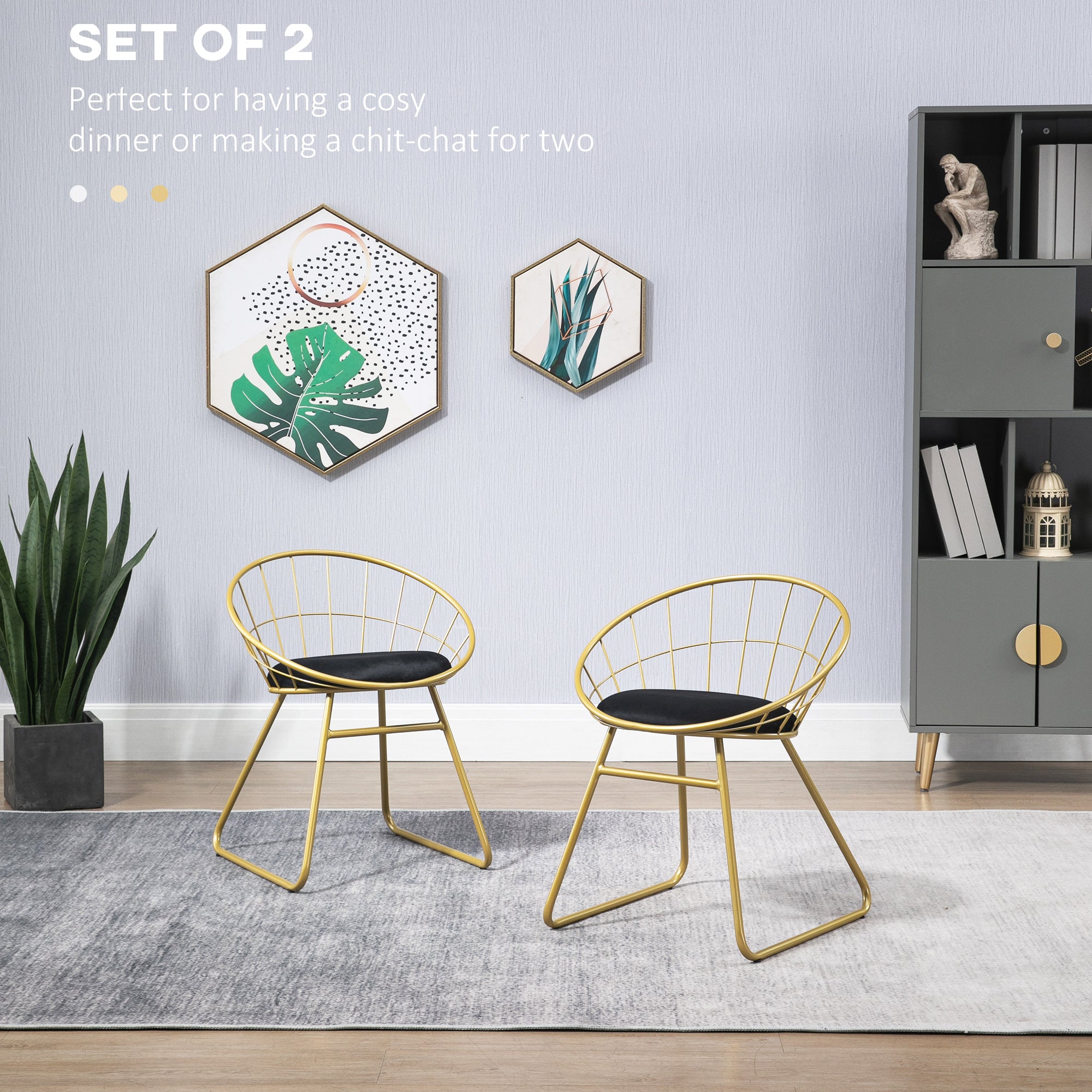 HOMCOM Modern Dining Chairs Set of 2, Metal Wire Kitchen Chair with Velvet-feel Cushion, Round Back and Steel Frame for Living Room, Bedroom, Gold - North Peak Garden Furniture