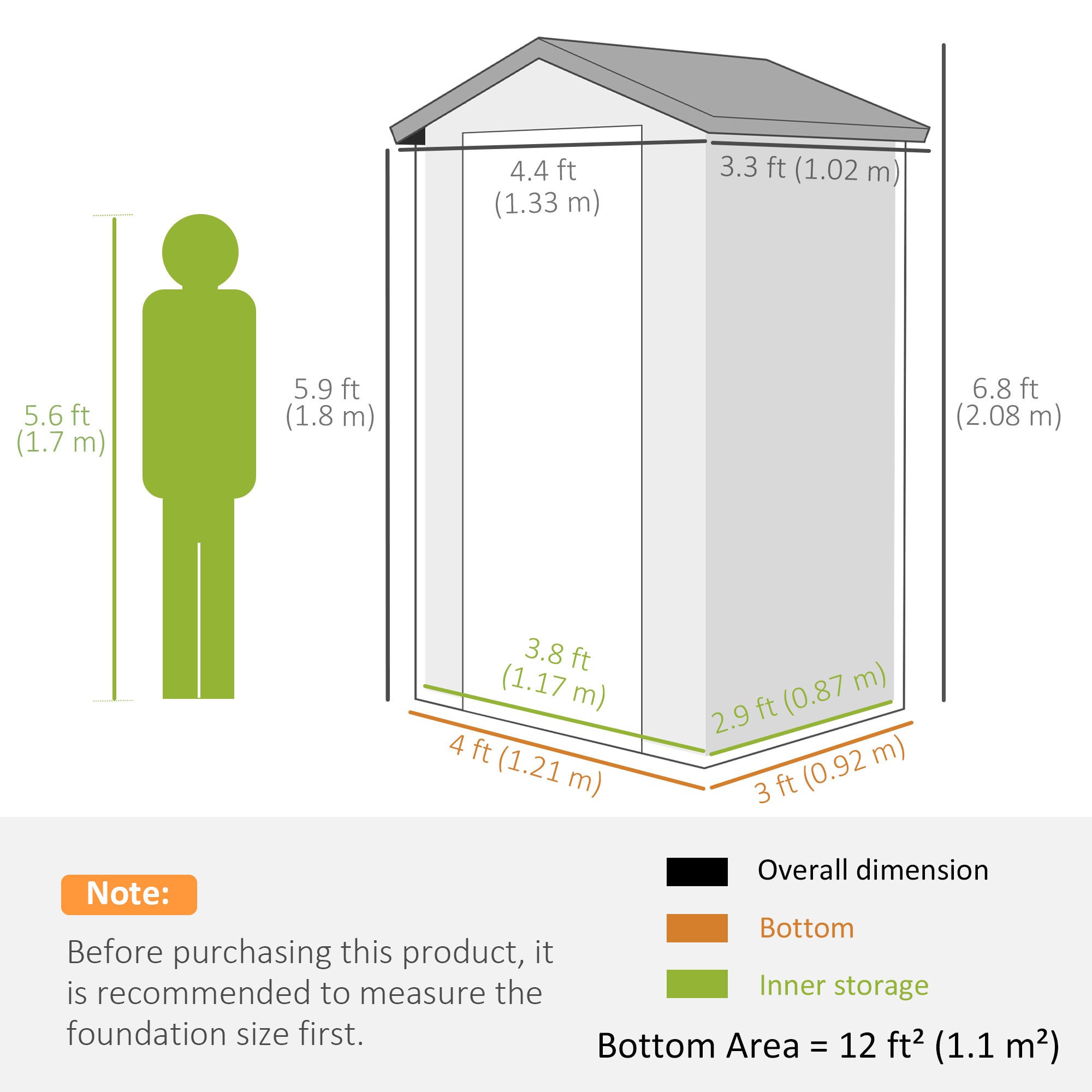 Outsunny 4.4ft x 3.3ft size Aluminium Frame and Plastic Wall Shed, with Foundation - Grey