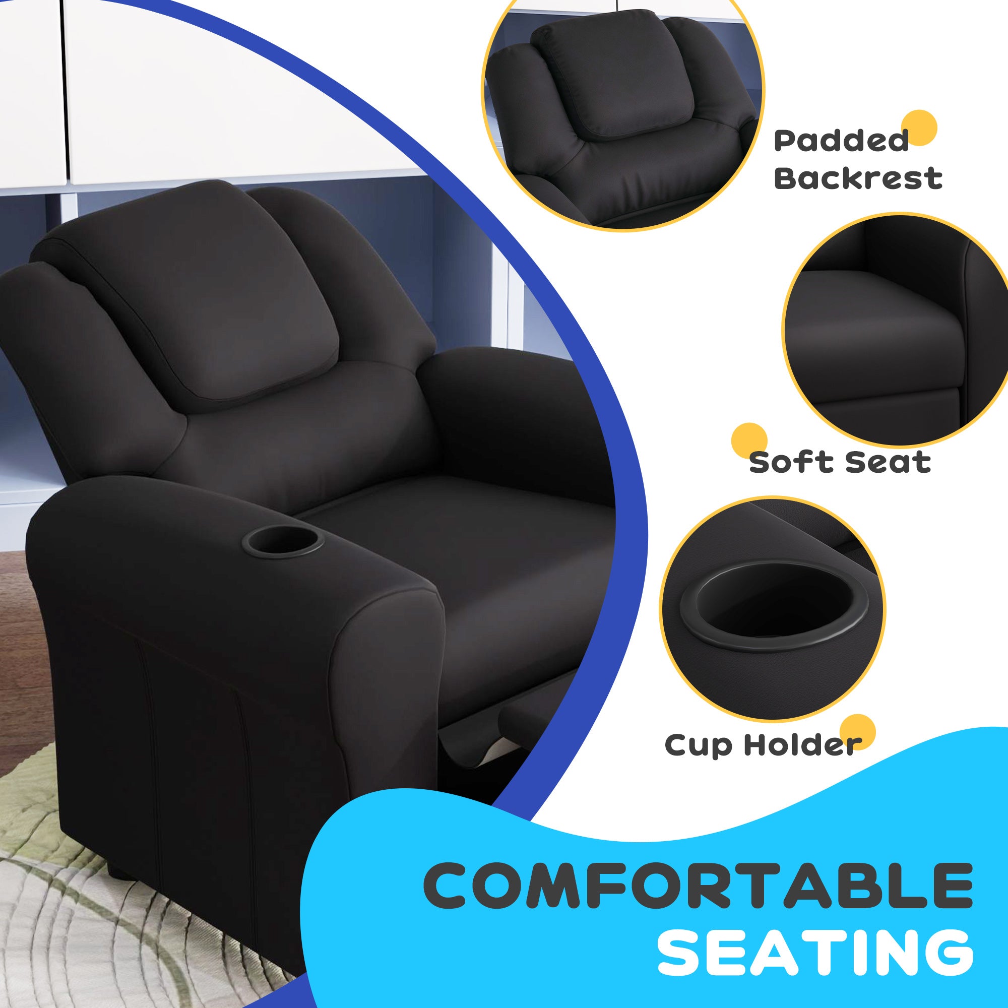 HOMCOM Kids Recliner Chair, PU Leather with Adjustable Backrest, Footrest, Padded Headrest, Black - North Peak Garden Furniture