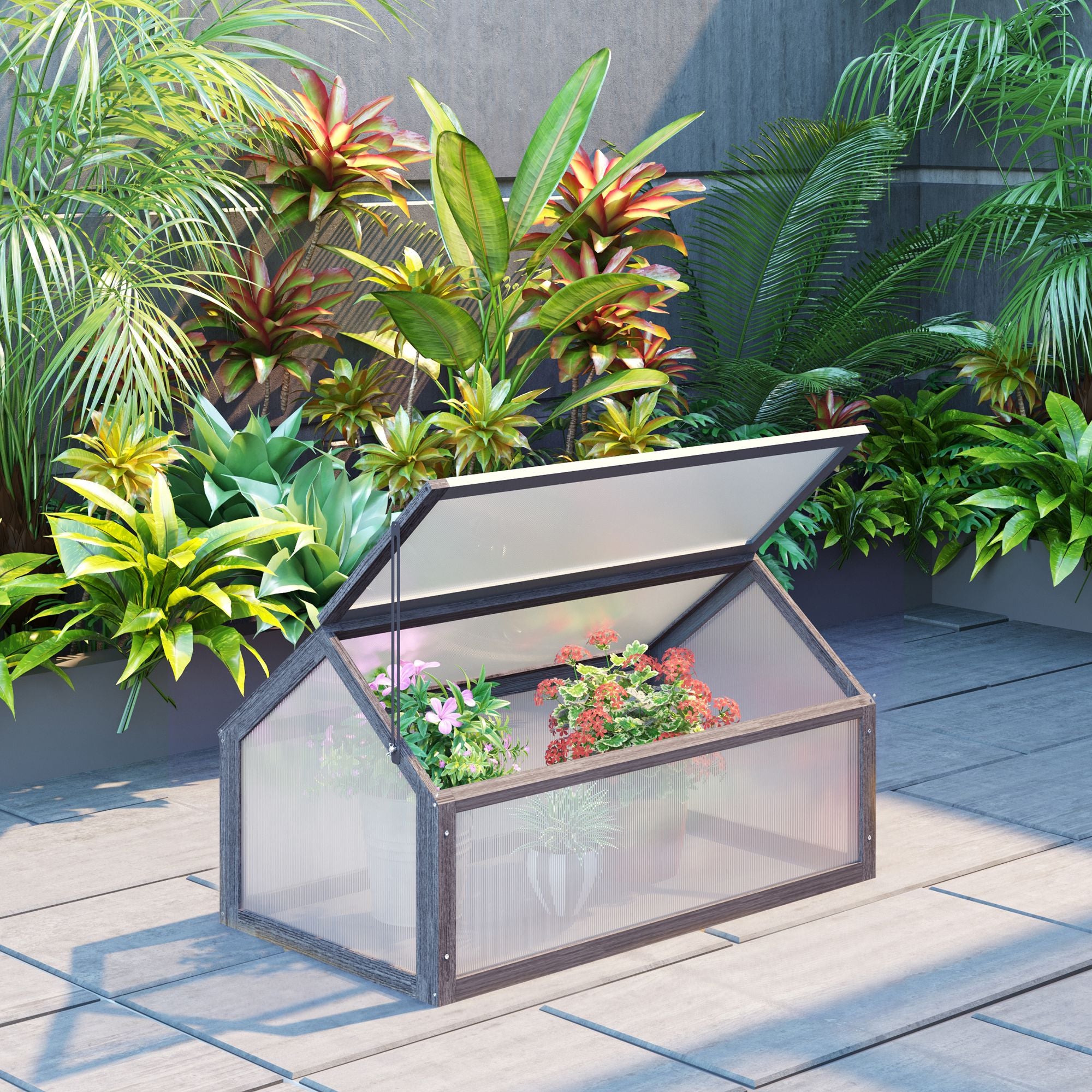 Outsunny Wooden Cold Frame Garden Polycarbonate Greenhouse with Openable Top Cover, Grow House for Flowers, Vegetables, Plants, 90 x 52 x 50cm, Grey - North Peak Garden Furniture