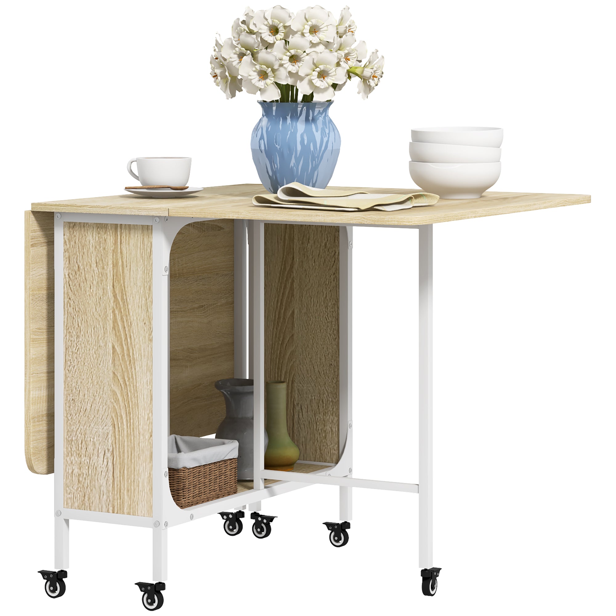 HOMCOM Six-Person Drop Leaf Dining Table - Natural/White - North Peak Garden Furniture