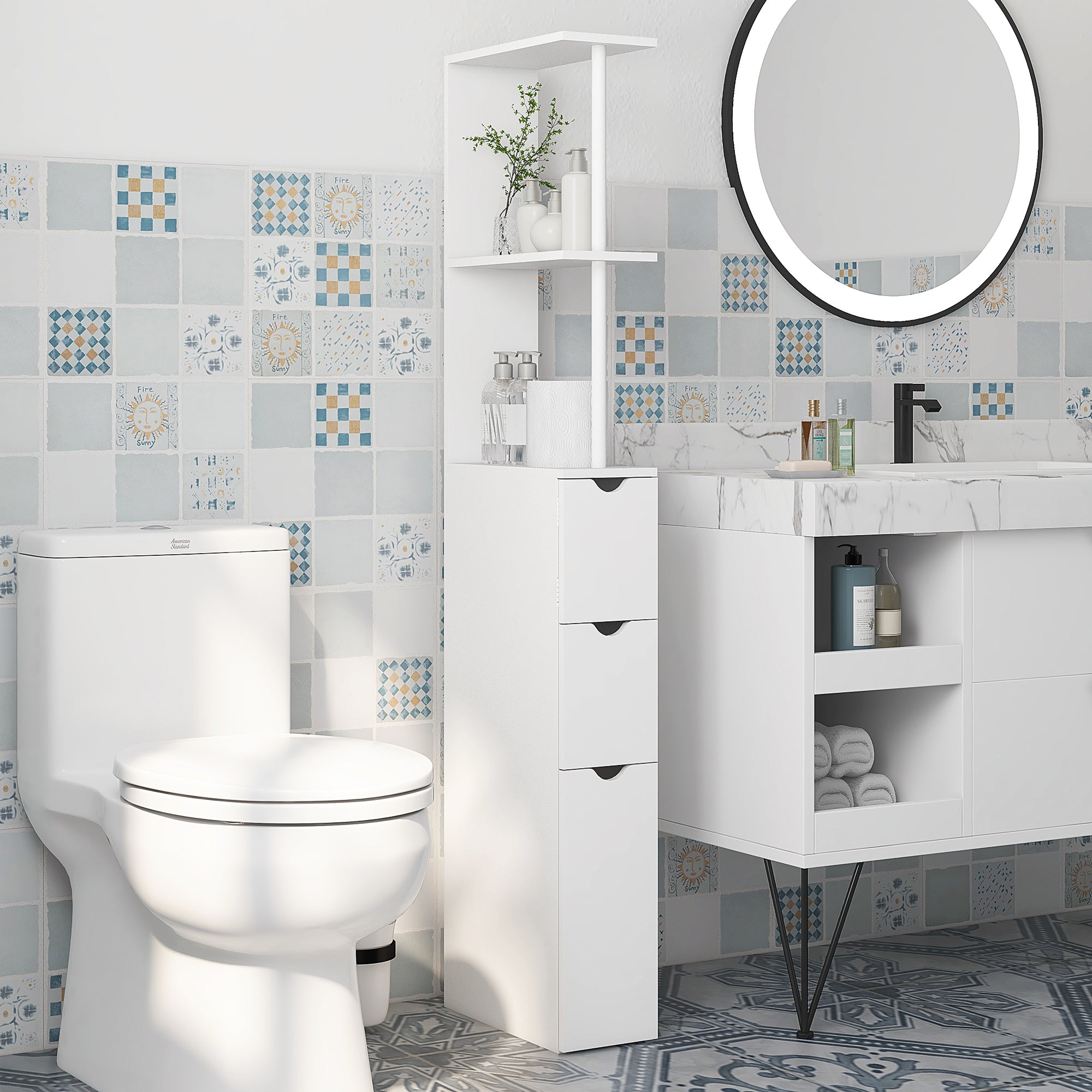 kleankin Slim Bathroom Storage Cabinet with Drawers, Tall Bathroom Cupboard with 2-Tier Shelf, White - North Peak Garden Furniture